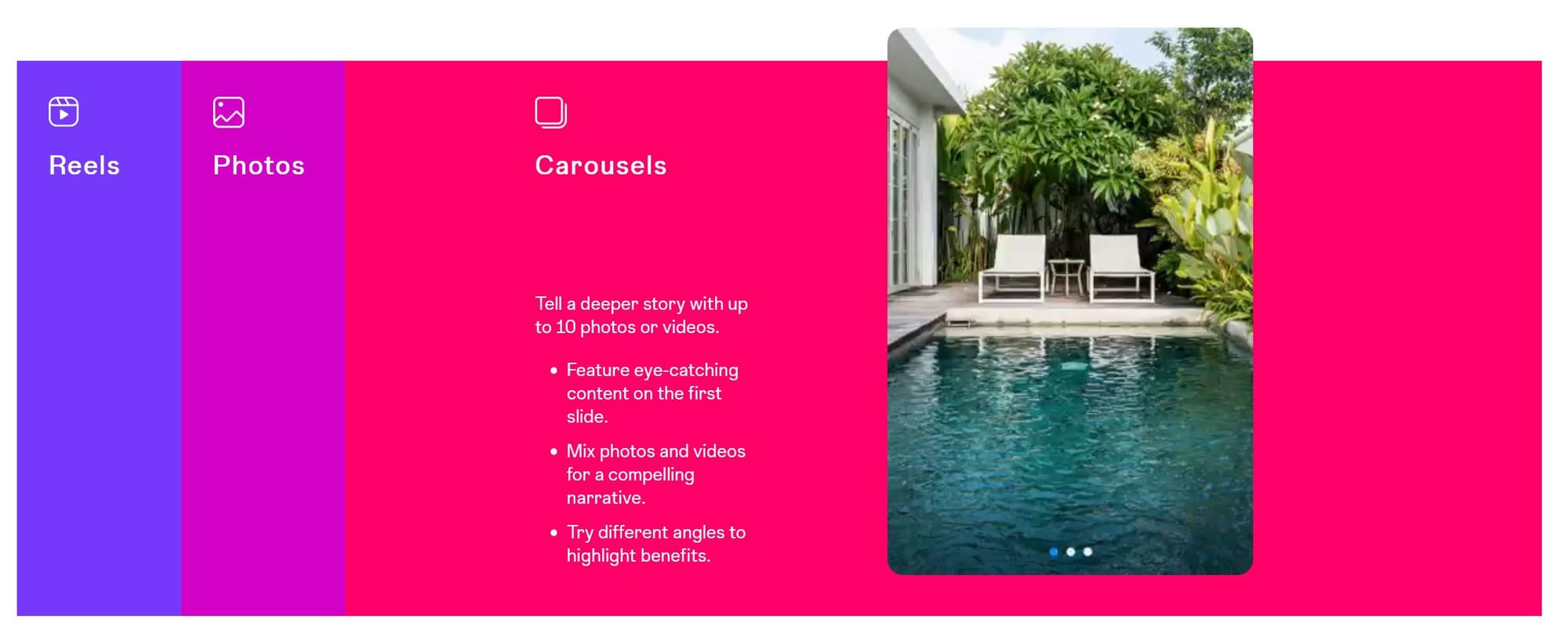 Instagram guide featuring information on Reels, photos, and Carousels. 