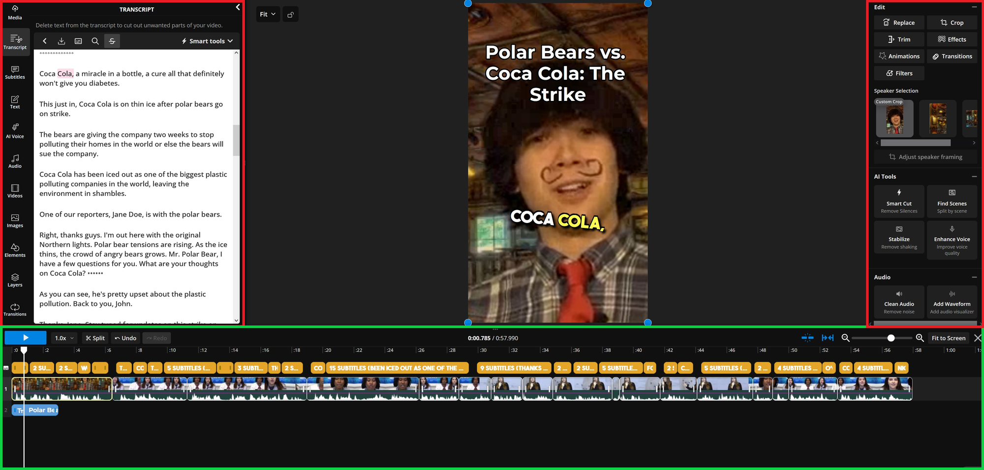 Kapwing editor highlighting options like captions and video settings