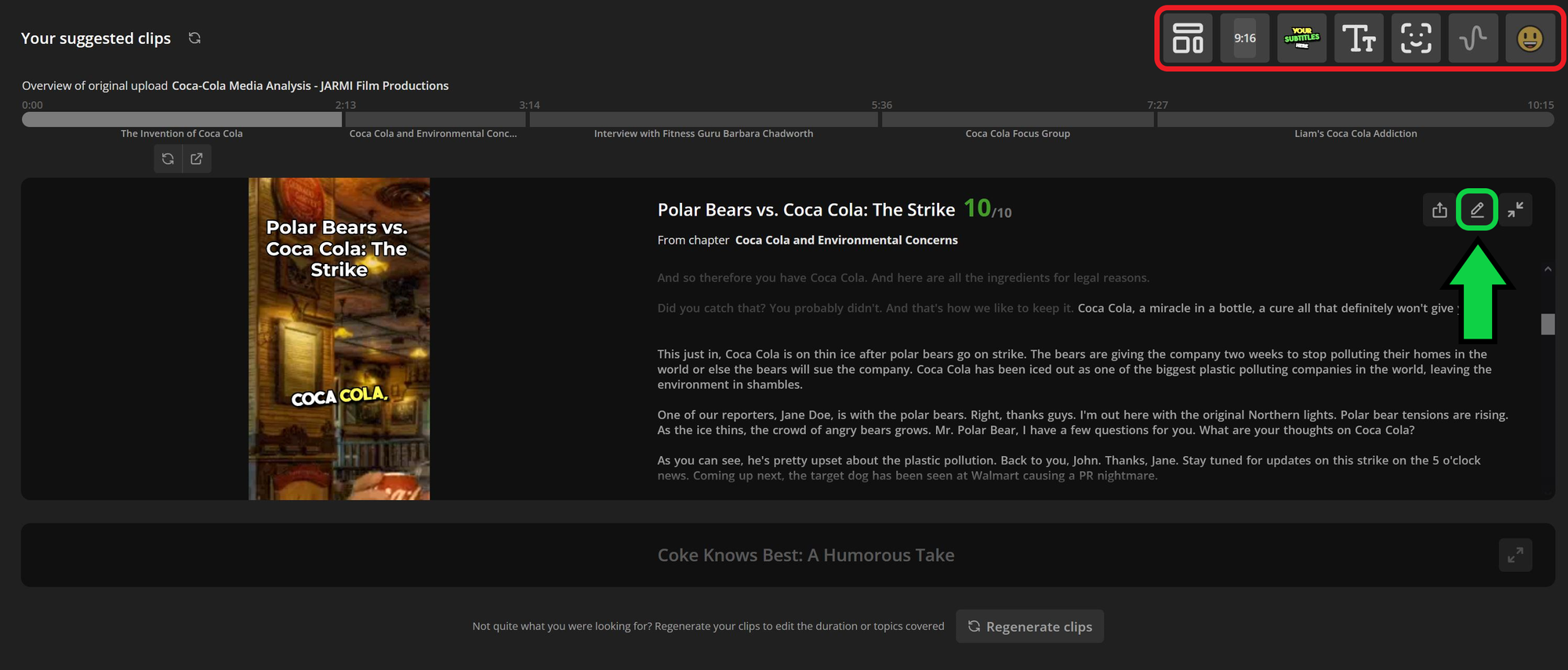 Kapwing Repurpose Studio showing how to import a generated clip into the editor