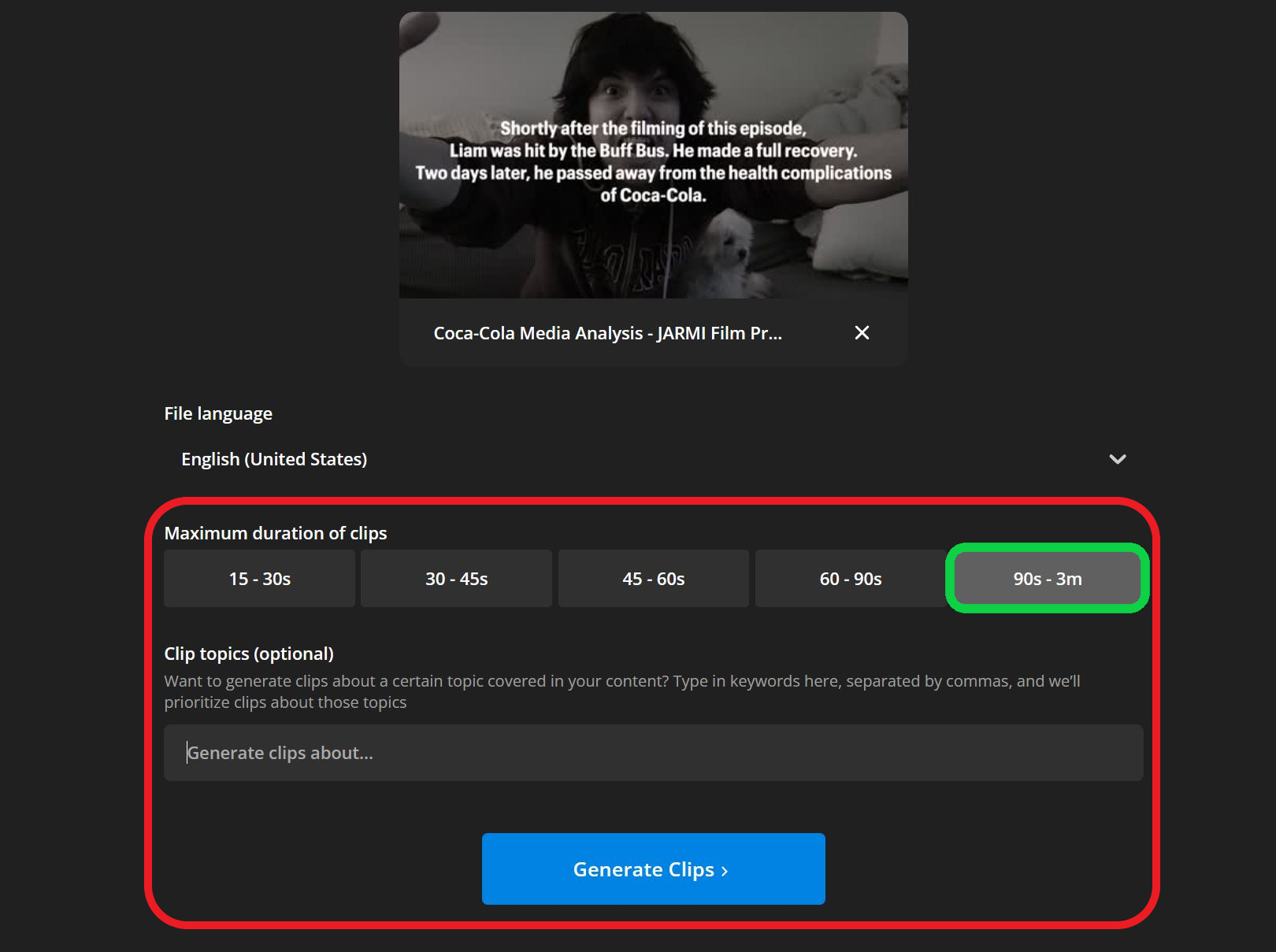 Kapwing Repurpose Studio video settings screen