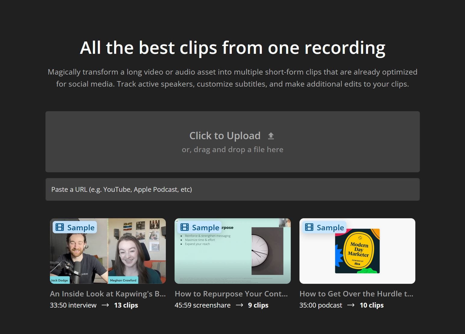 Kapwing Repurpose Studio upload screen