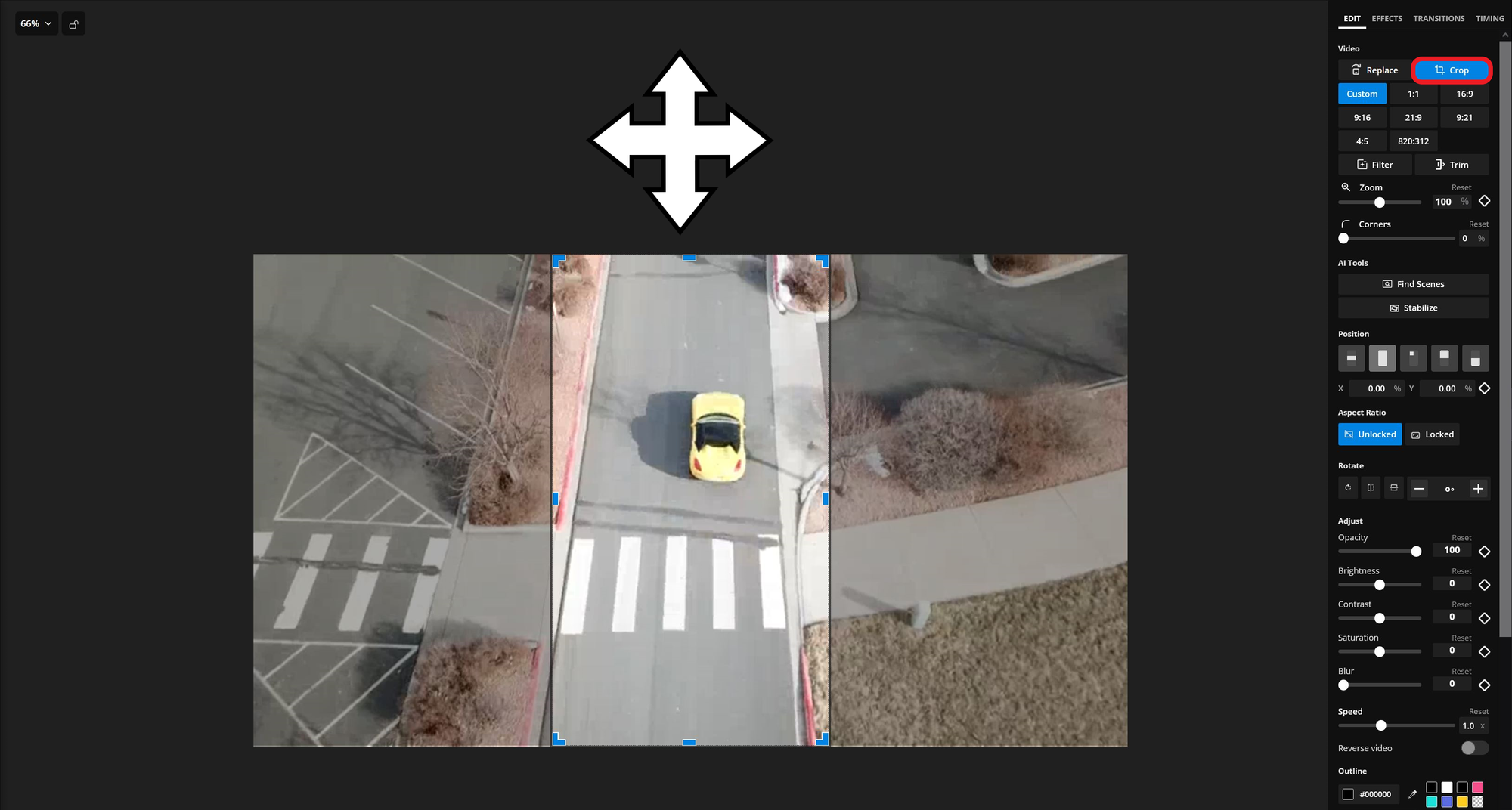 Kapwing editor showing how to adjust the framing of a video