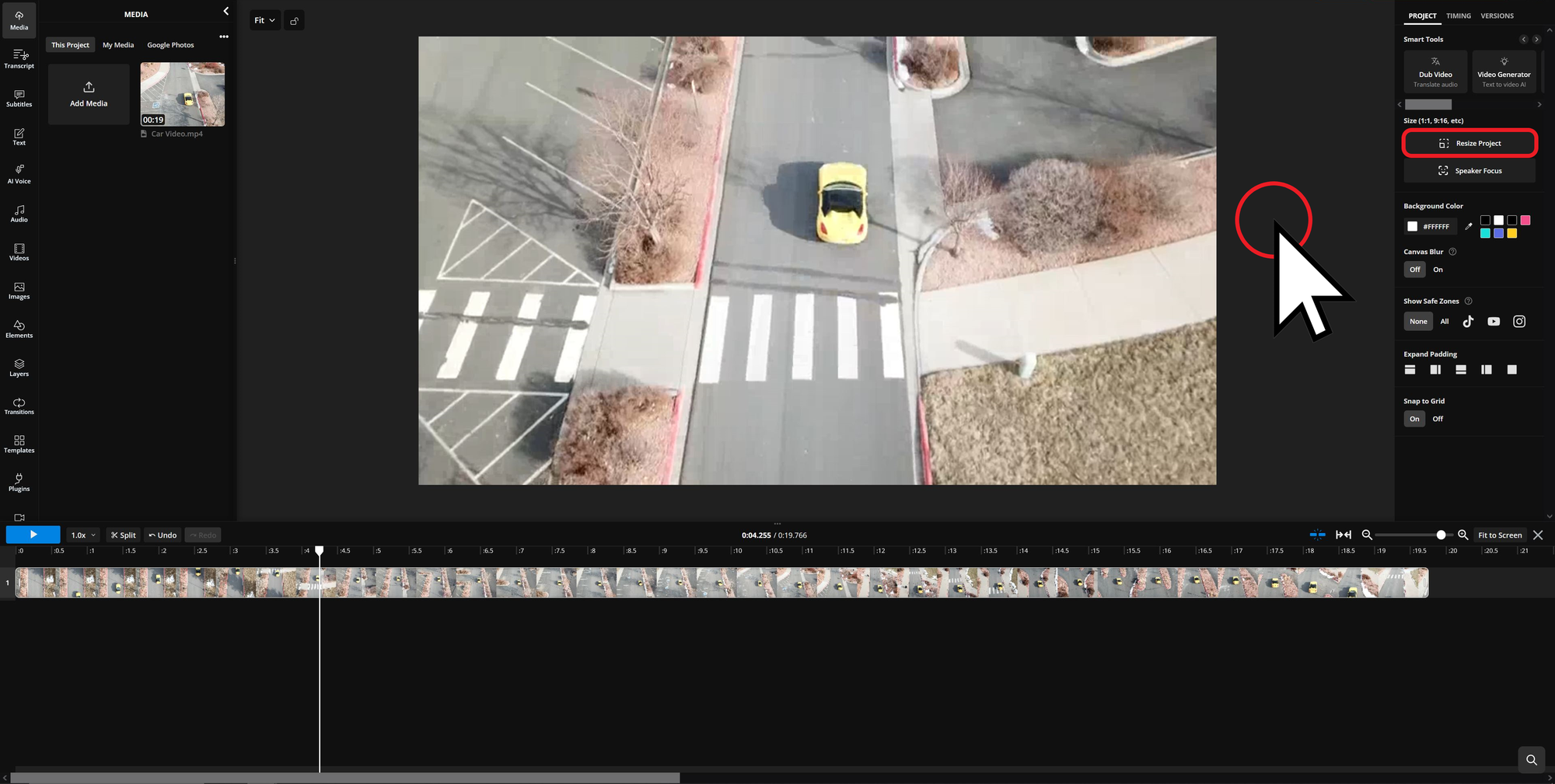 Kapwing video editor showing how to resize a video