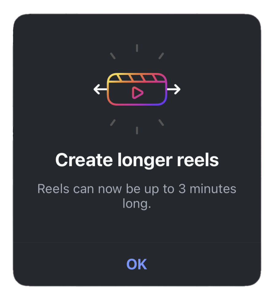 Text notification from Instagram announcing new 3-minute Reels
