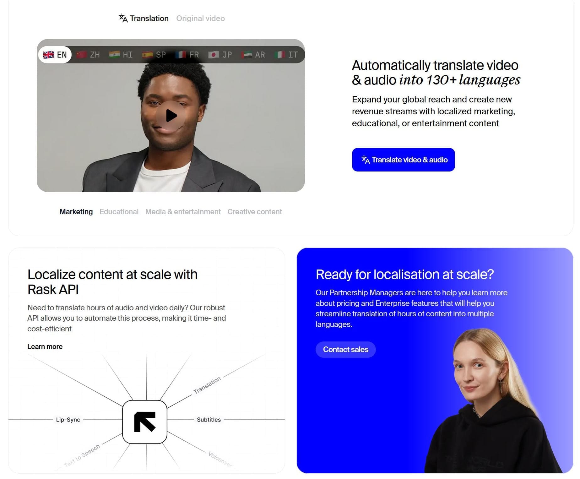 Rask website displaying different options for their AI voice generation model. 