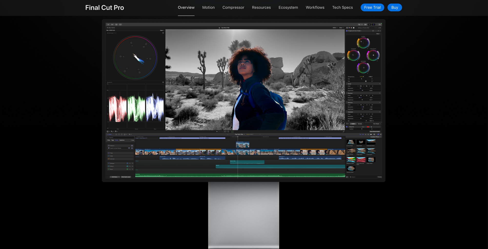 An image of Final Cut Pro on a MacOS computer, editing a video of a woman in nature.