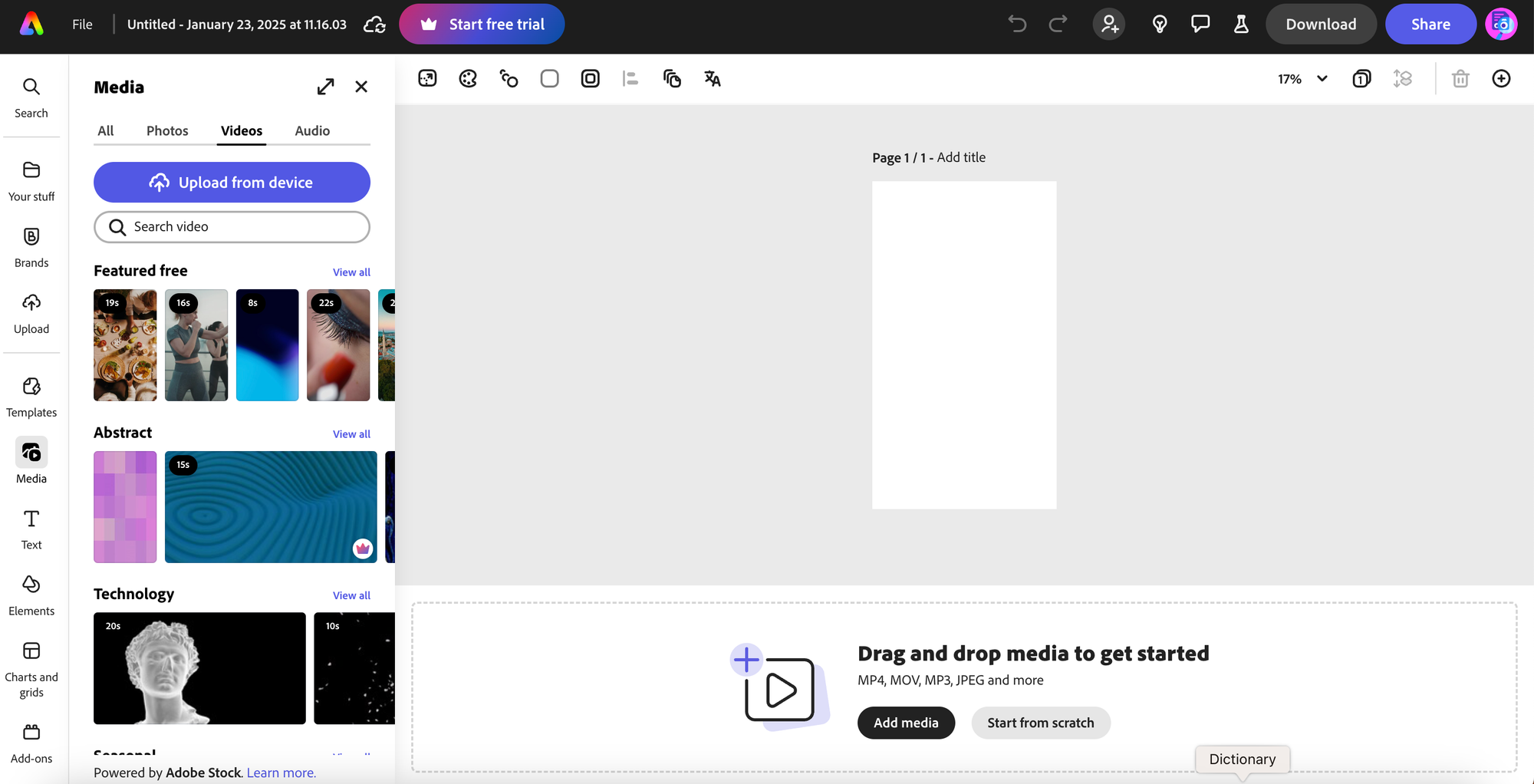 A screenshot of the Adobe Express Video Editor, with a media picker to the left and a canvas to the right.