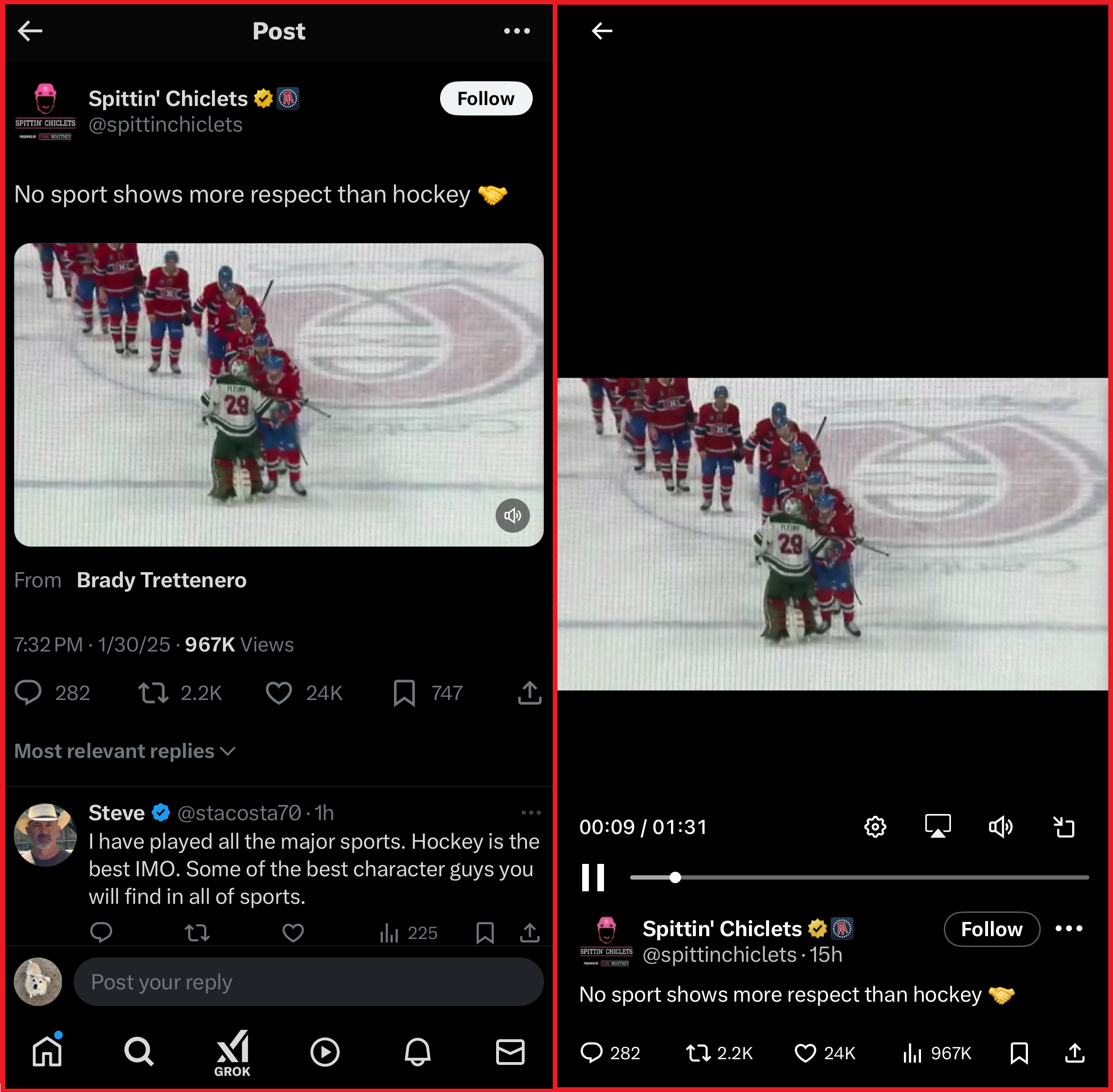 16:9 Video shown in the post feed (left) and video tab feed (right).