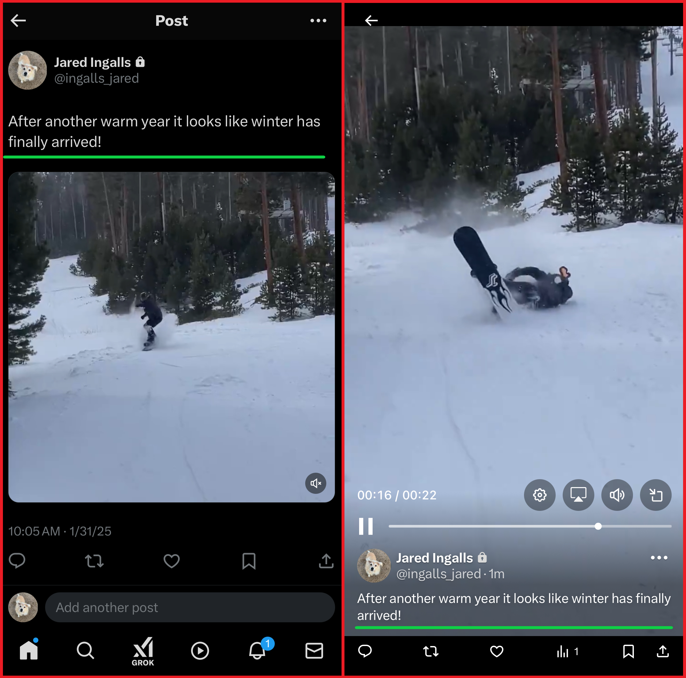 Side-by-side view of an X video showing it in the feed and video tab.