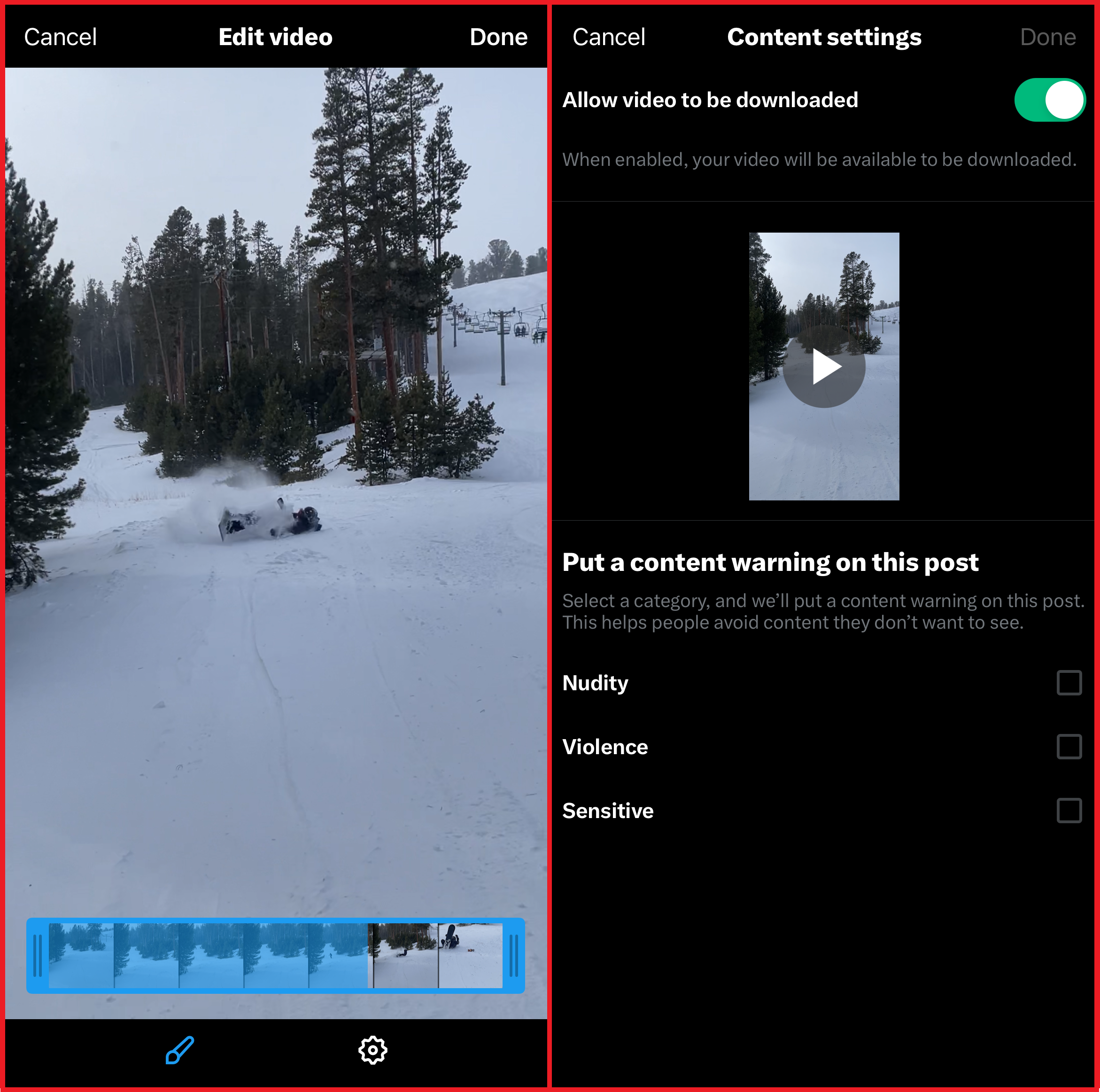 Side-by-side images of the X interface showing limited video editing options. 