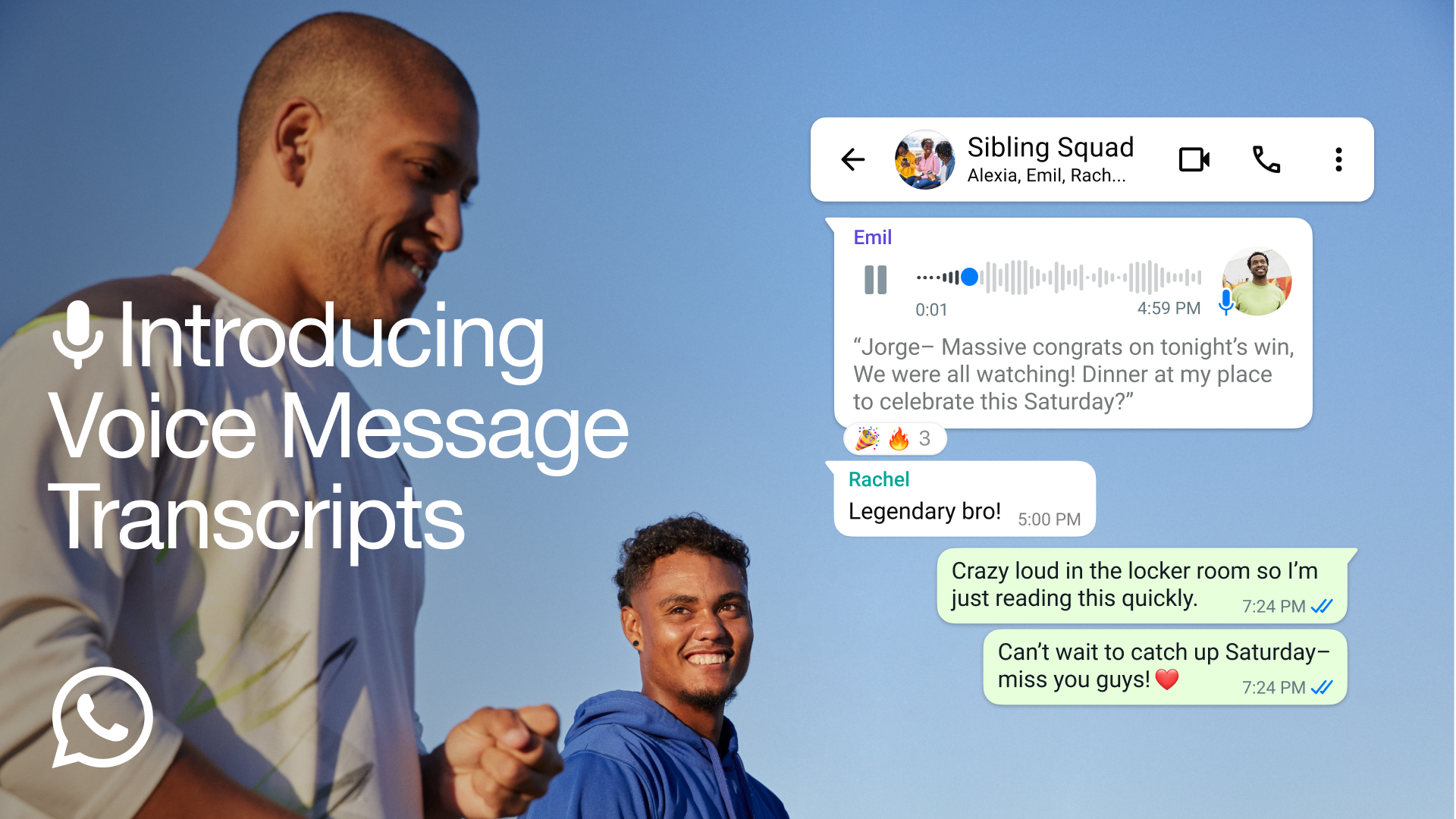 A promotional image from WhatsApp showcasing its Voice Message Transcripts feature
