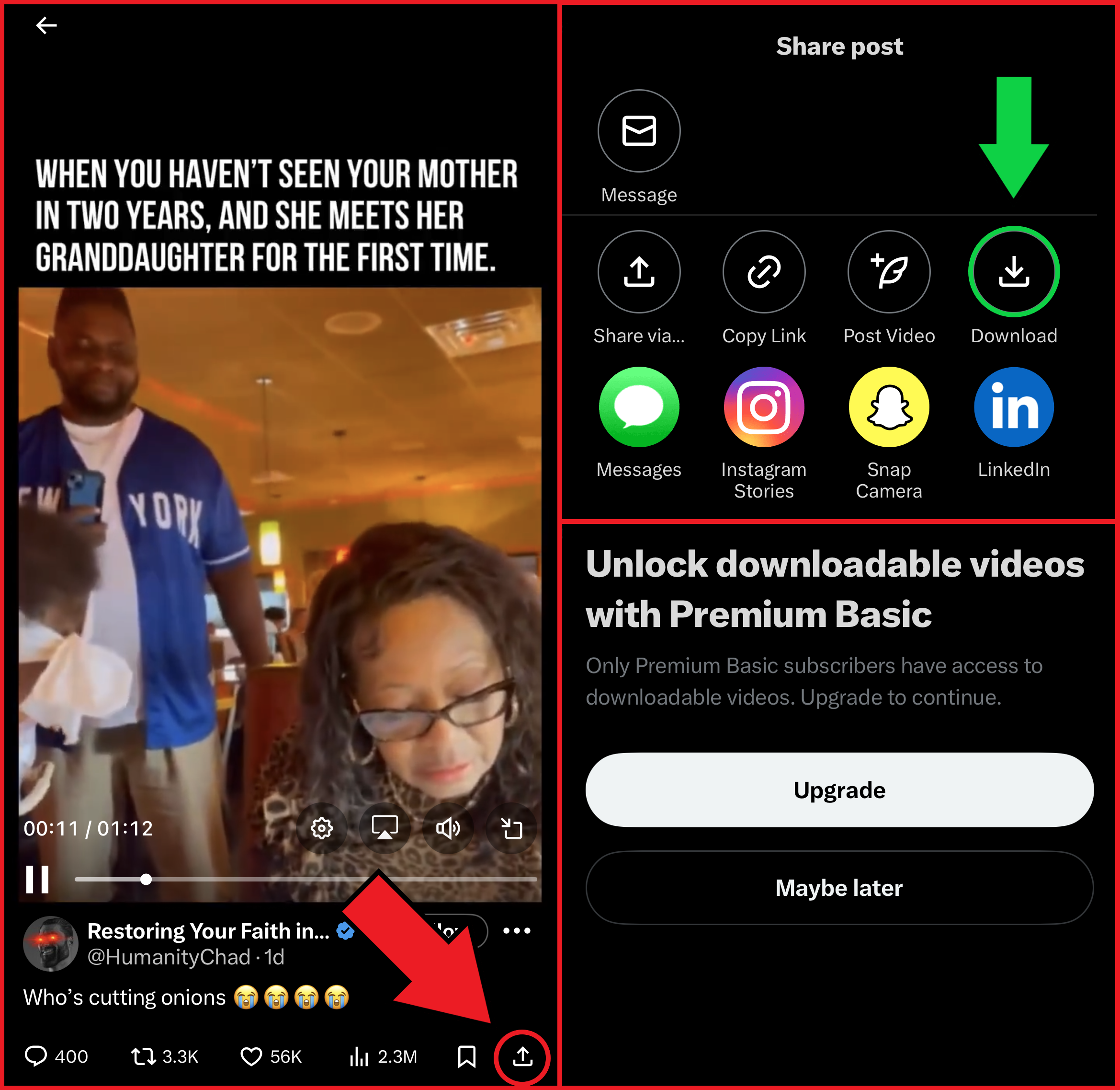 X interface showing how to download a video. 