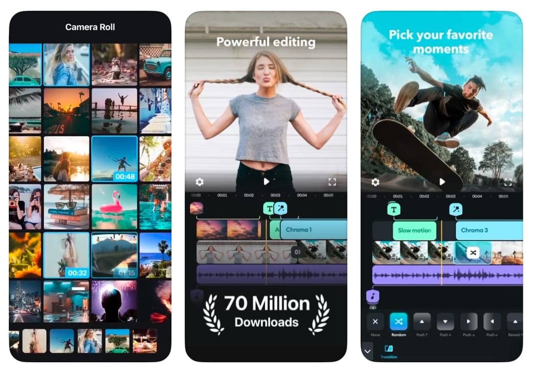 Splice's video editing interface, with options for Media, Text, Effects, Music, Overlay, Blank, and Sounds.