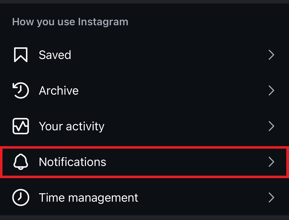 Instagram settings screen highlighting the notifications option. 