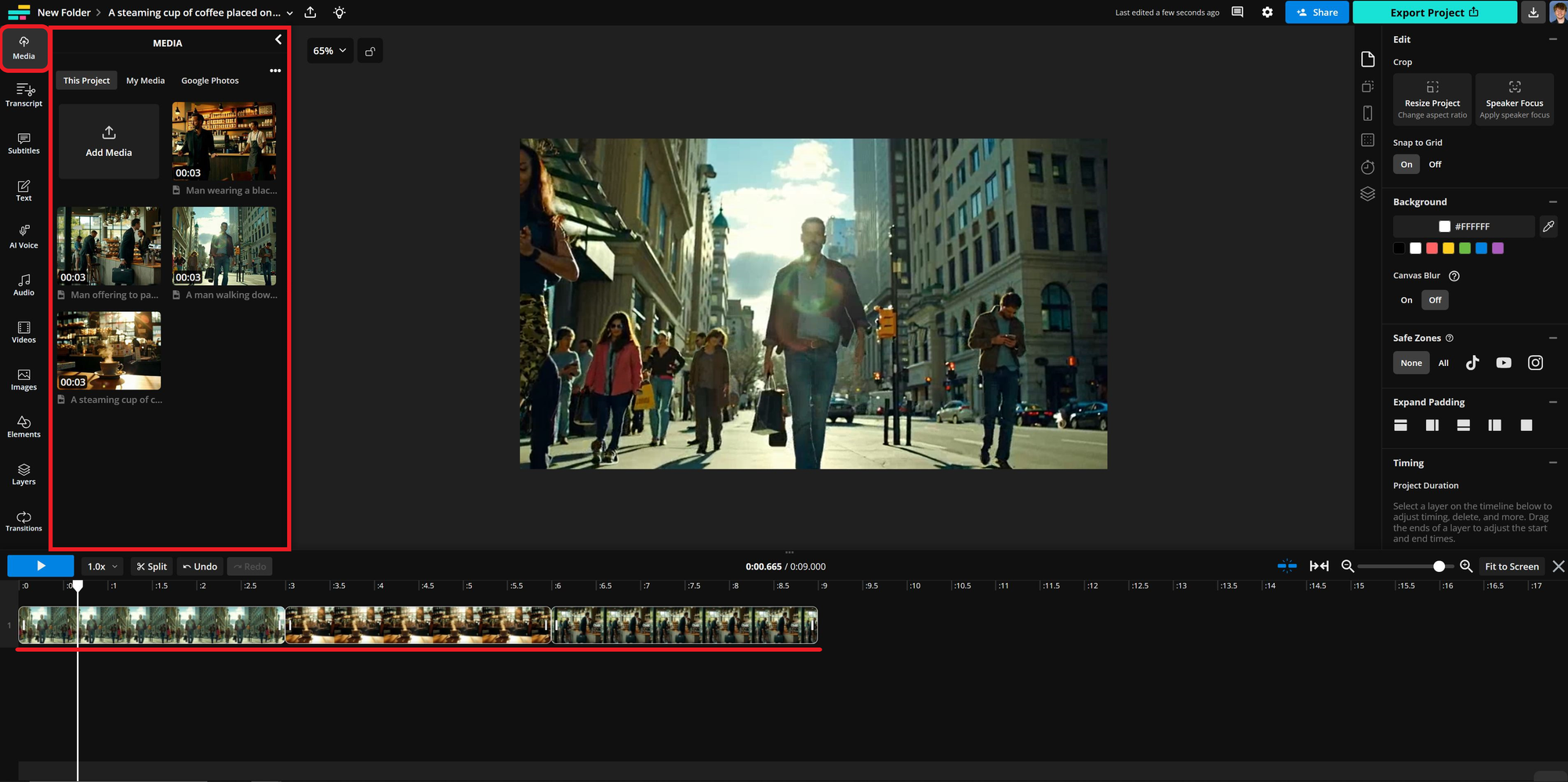 Kapwing editor showing how to add videos to a project. 
