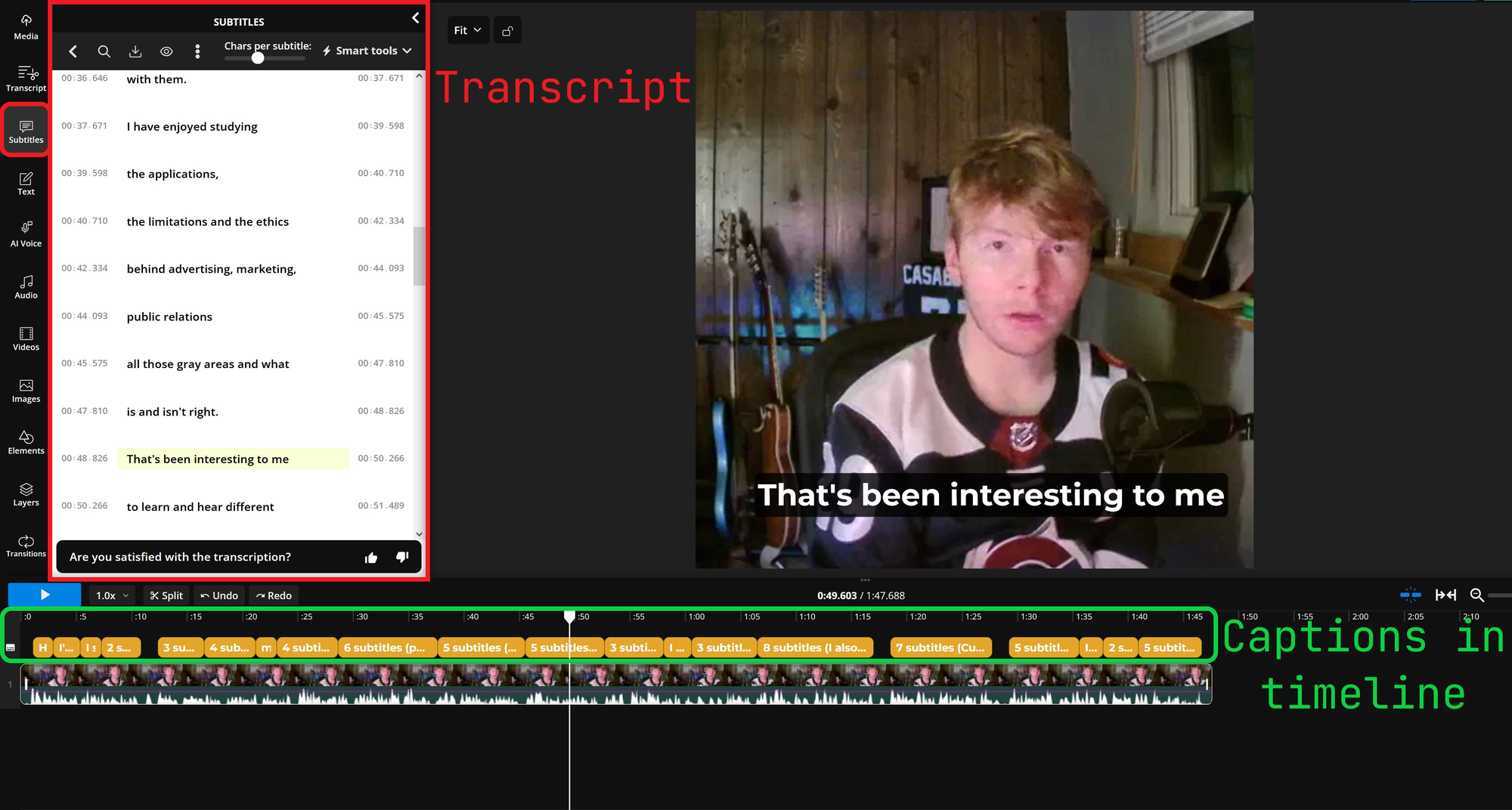 Kapwing editor showing the different subtitle editing options. 