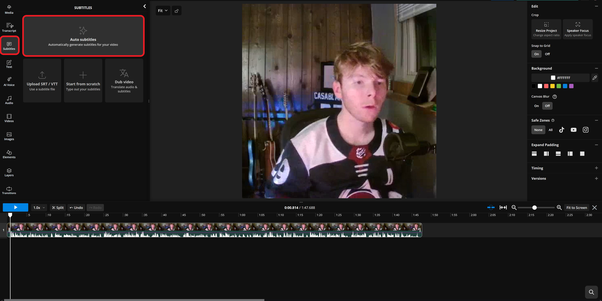 Kapwing editor highlighting the automatic subtitles interface. 