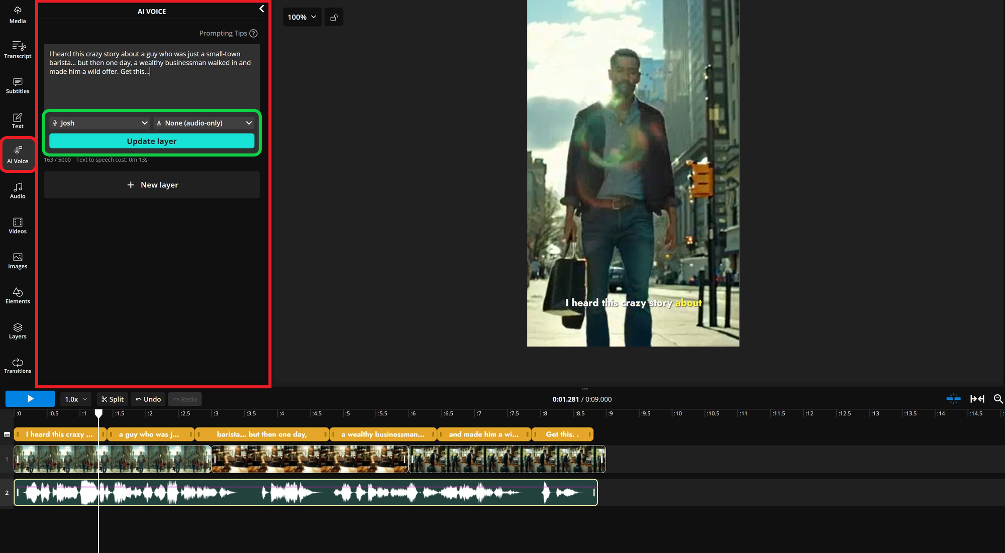 Kapwing editor showing how to add an automatic voiceover. 