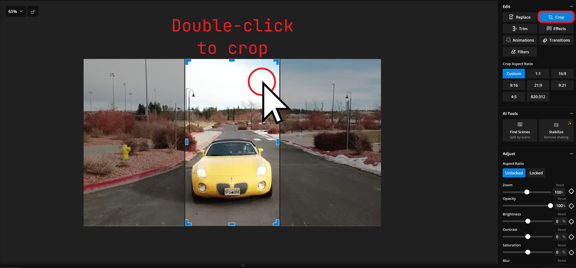 Kapwing editor showing the crop video shortcut. 