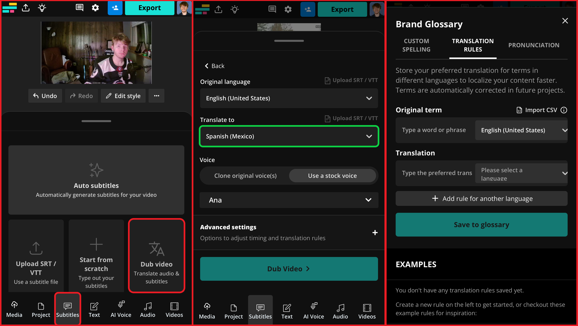 Three side-by-side screens showing the mobile Kapwing interface to automatically dub content. 