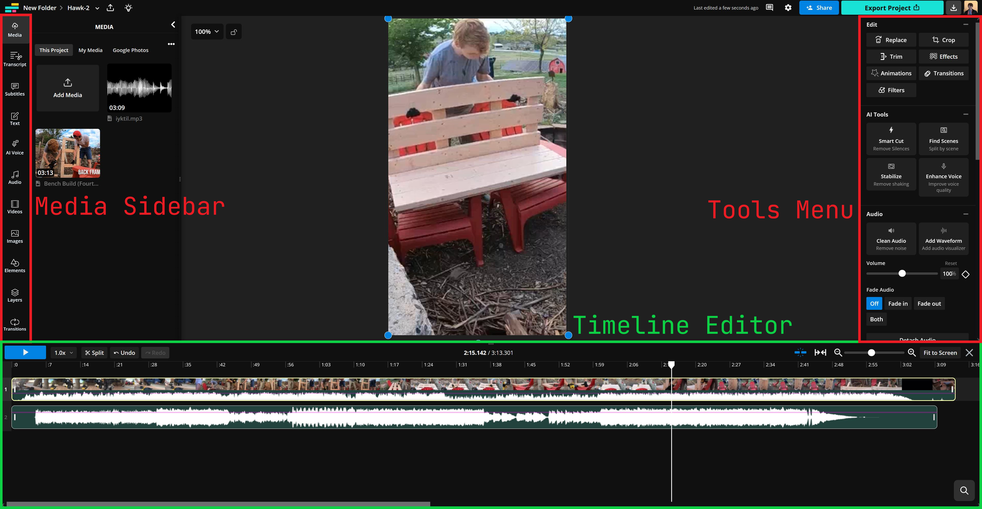 Kapwing's video interface - featuring a Media Sidebar, a Timeline Editor and a Tools Menu.