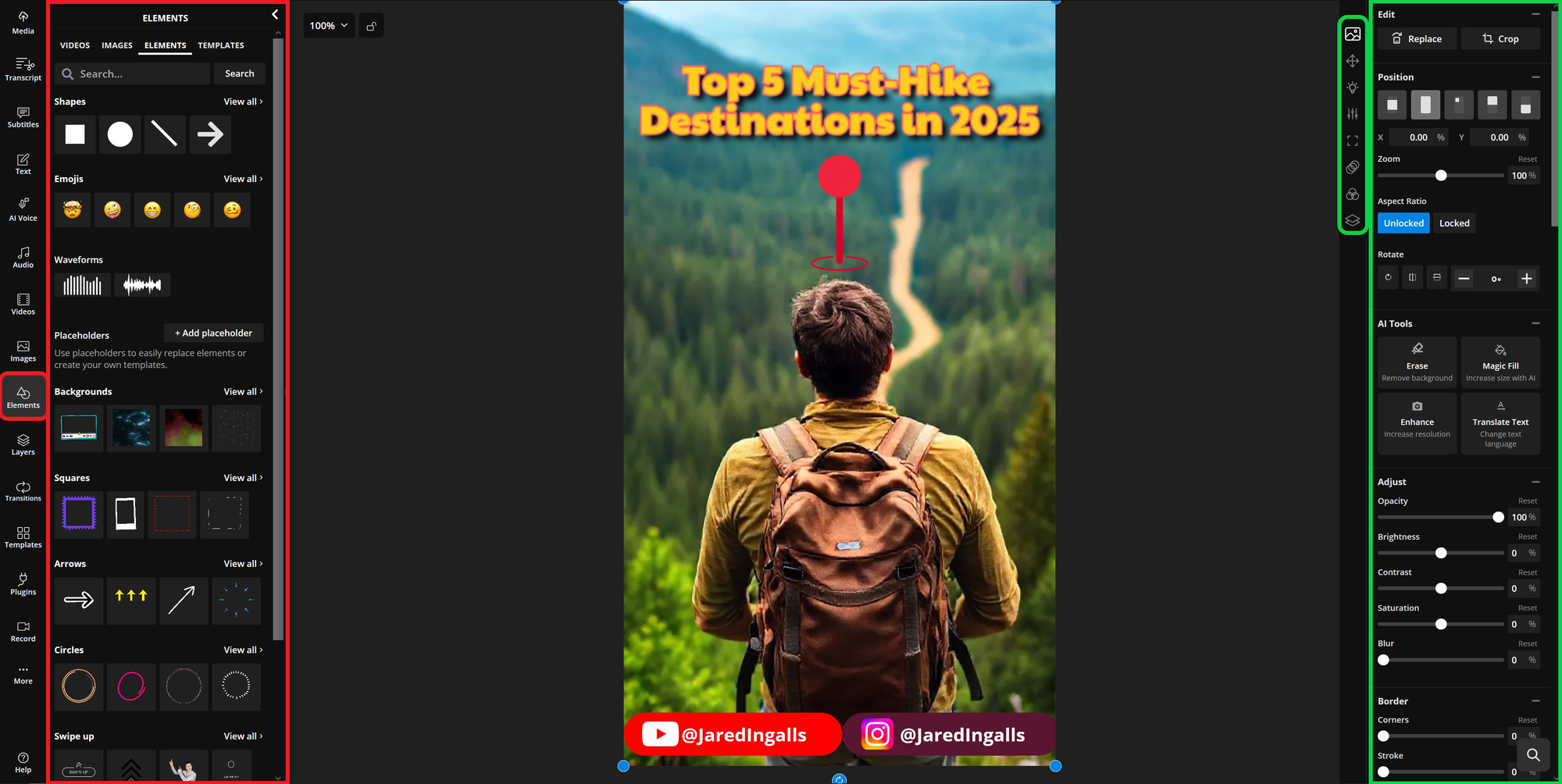Kapwing video editor showing template and editing tools. 