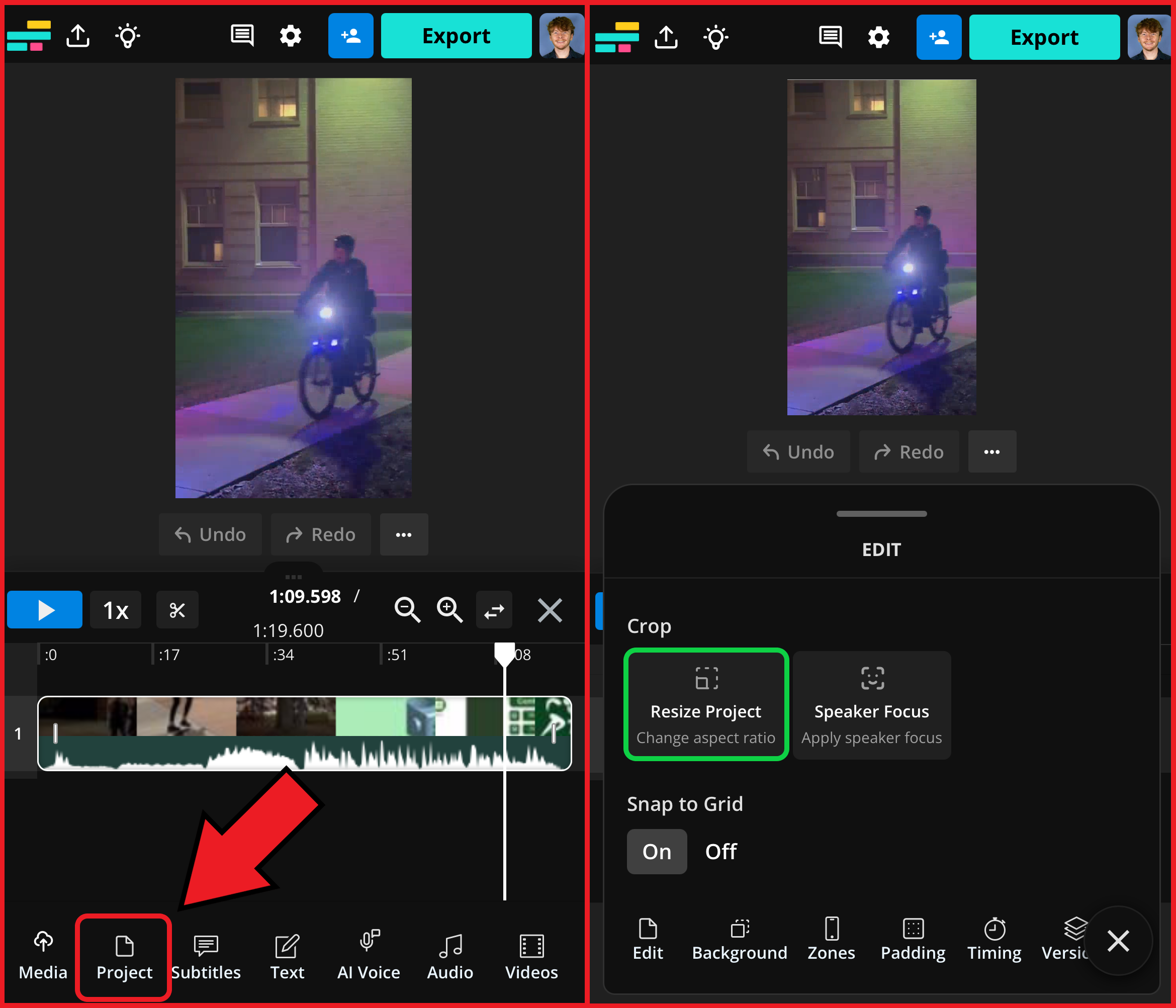 Kapwing mobile interface showing how to resize a video. 