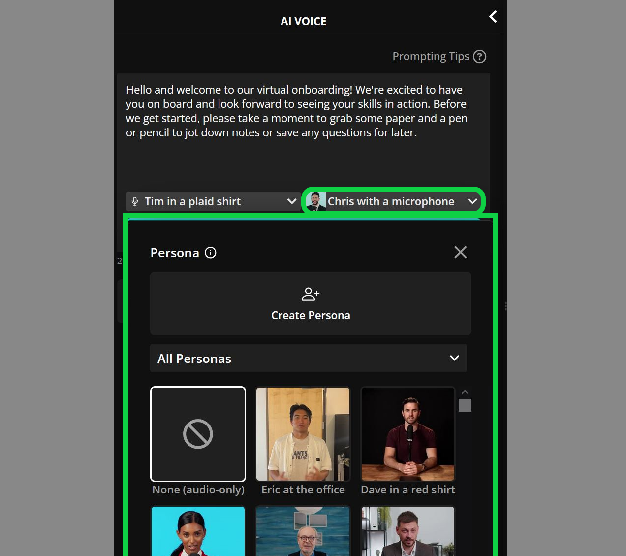 Guide showing different AI persona options available on Kapwing