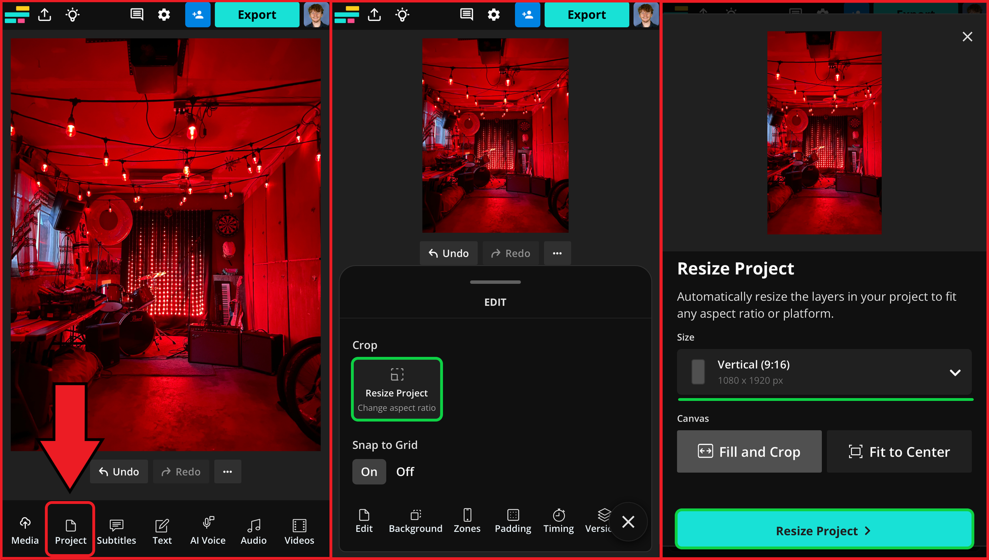 Graphic showing how to resize Instagram content on mobile. 