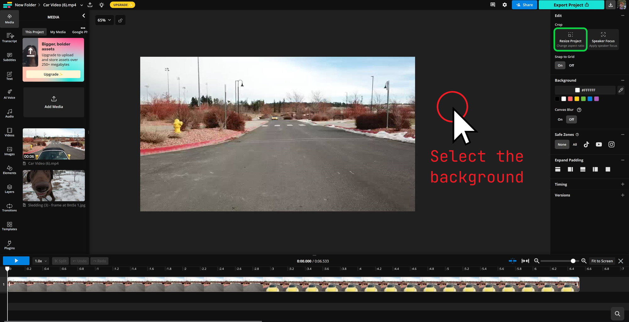 Kapwing desktop interface showing how to resize a video. 