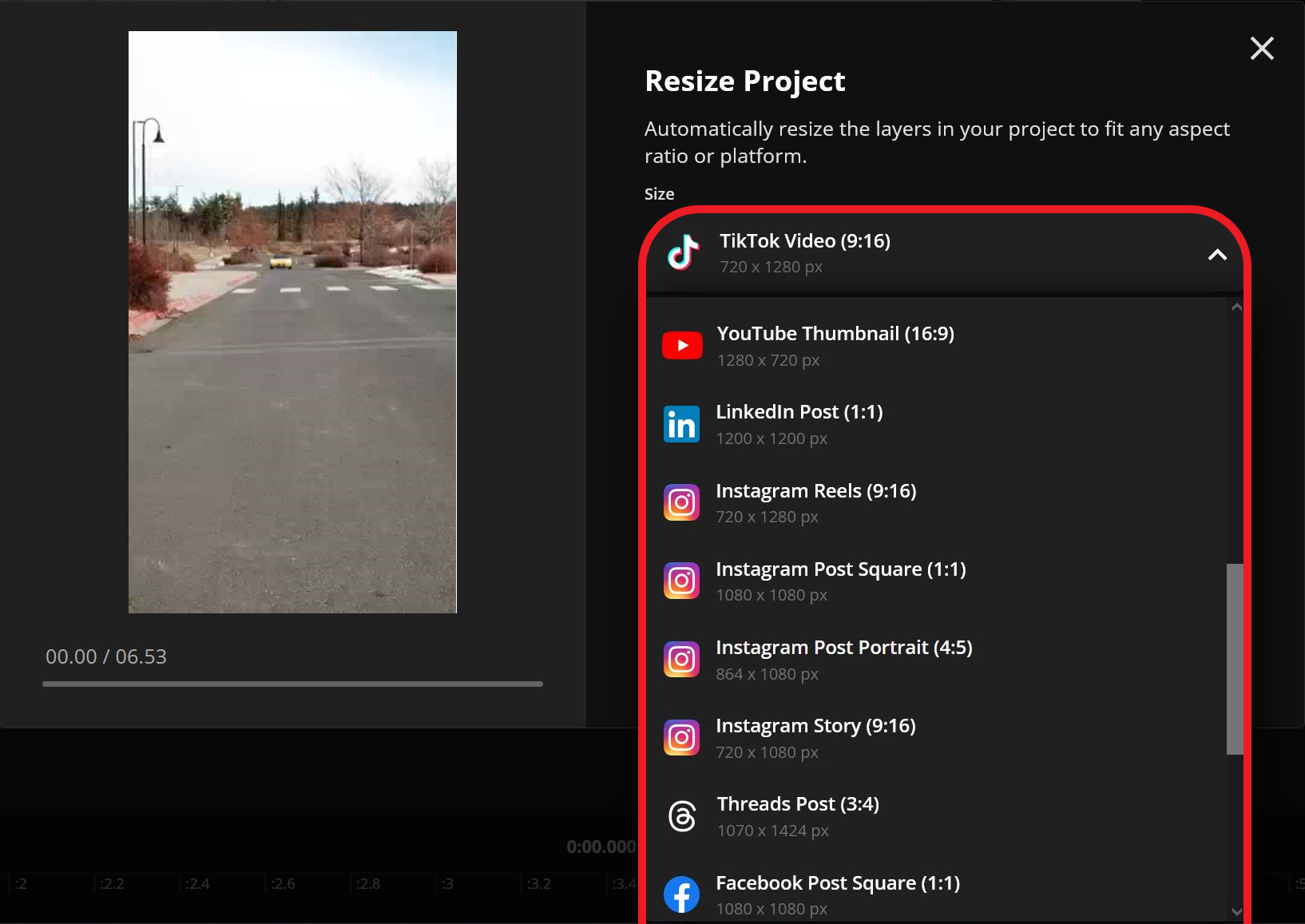 Kapwing resize project interface with different social media preset options highlighted.