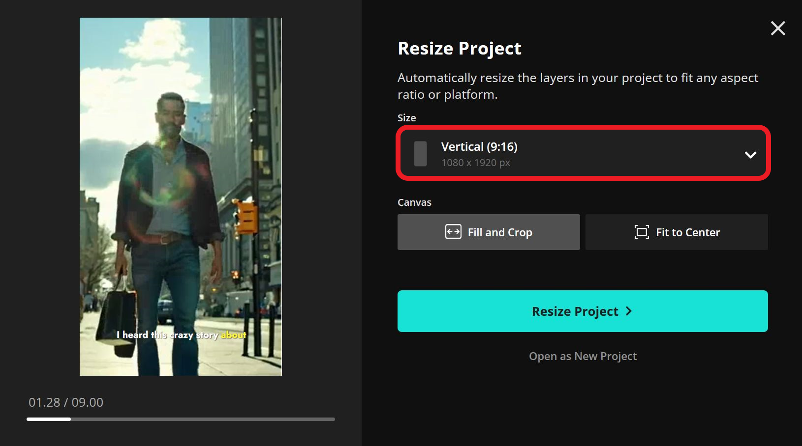 Kapwing resize project menu showing the mobile video preset. 