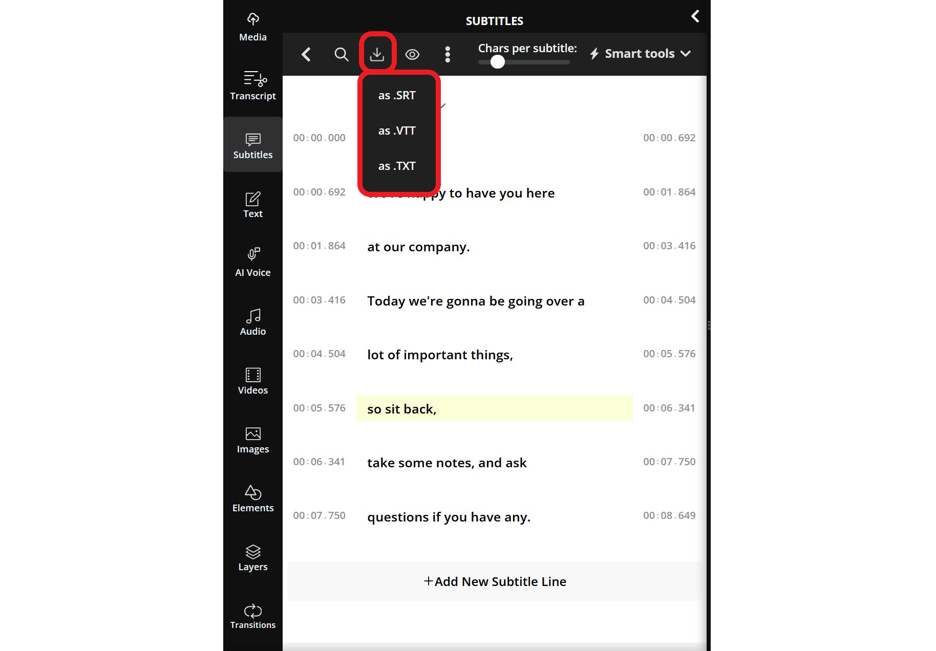 Kapwing SRT file maker.