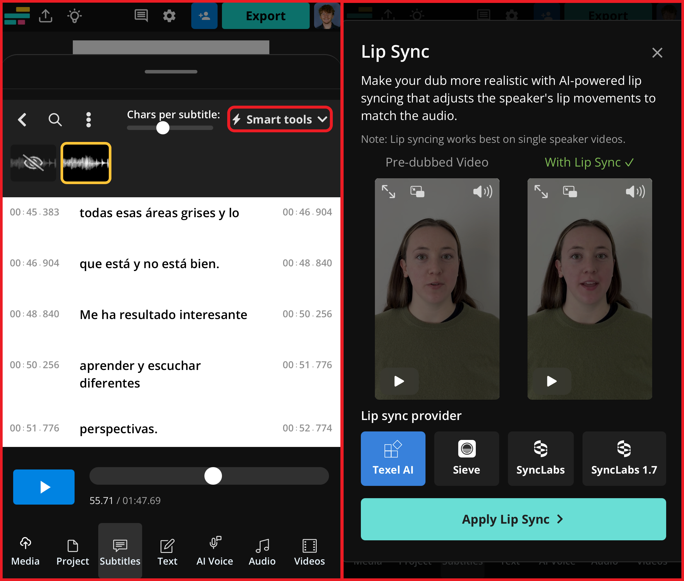 Kapwing interface showing how to apply the lip sync tool to dubbed videos. 