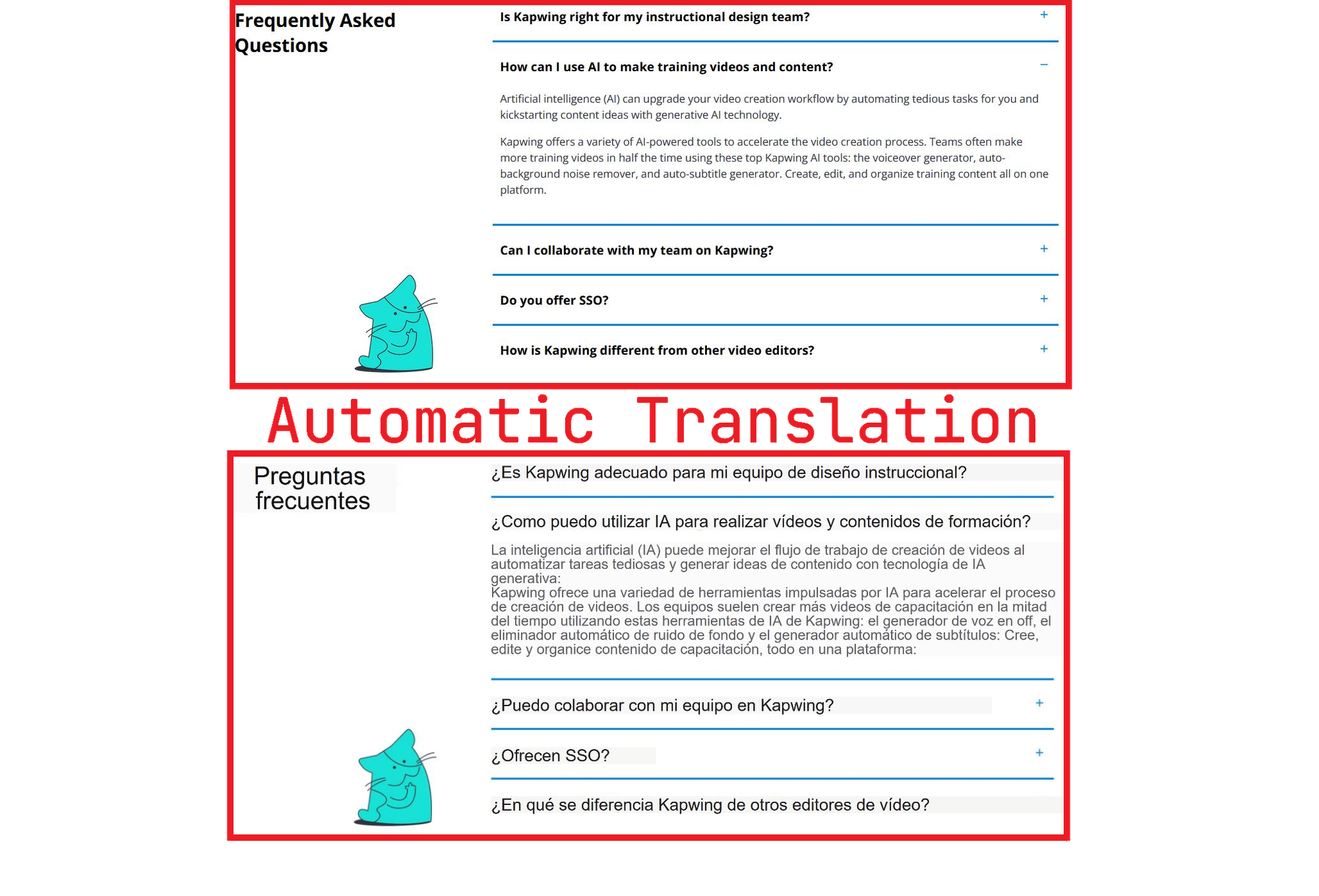 A demonstration of FAQs originally written in English before being translated into Spanish