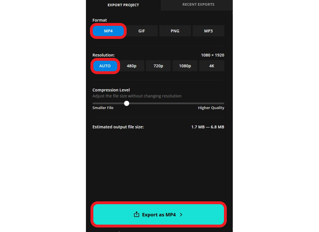 Kapwing video export menu showing how to export a project as an MP4.