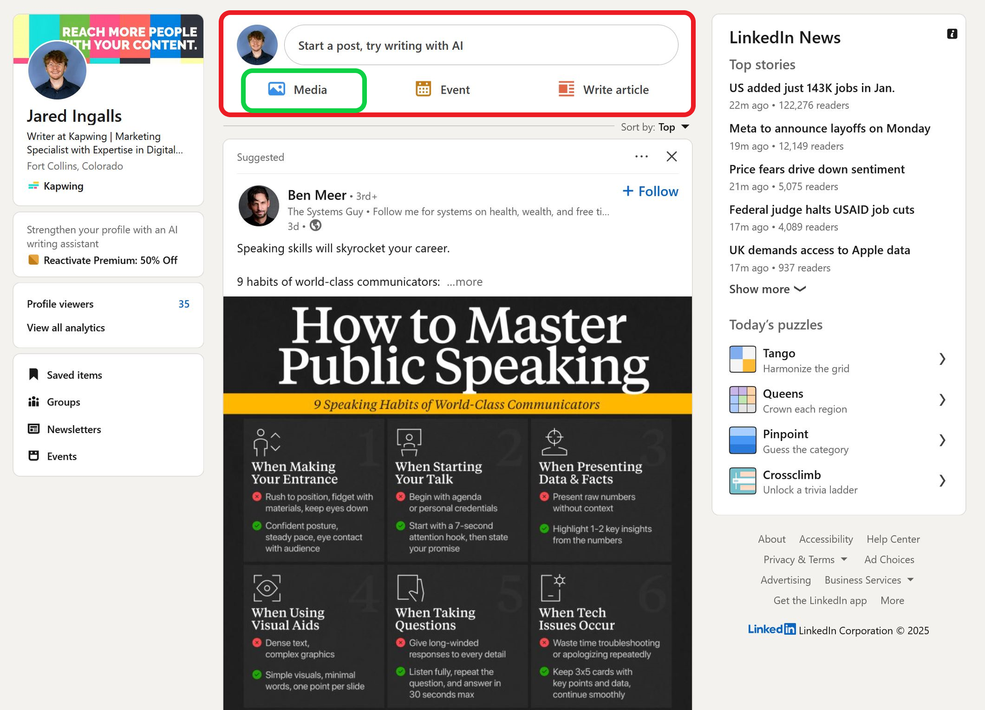 LinkedIn home screen highlighting the media option to create a video post. 