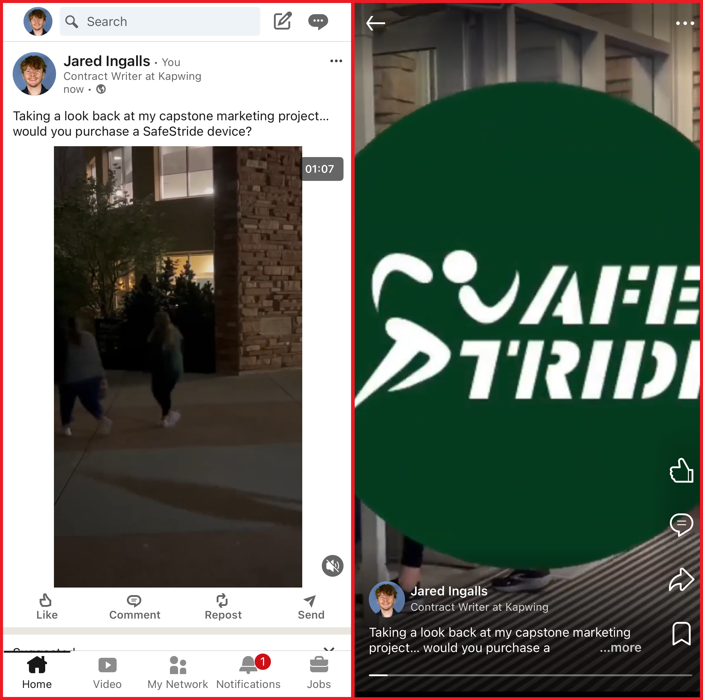 Side-by-side images comparing a post in the LinkedIn main feed to the mobile video feed. 
