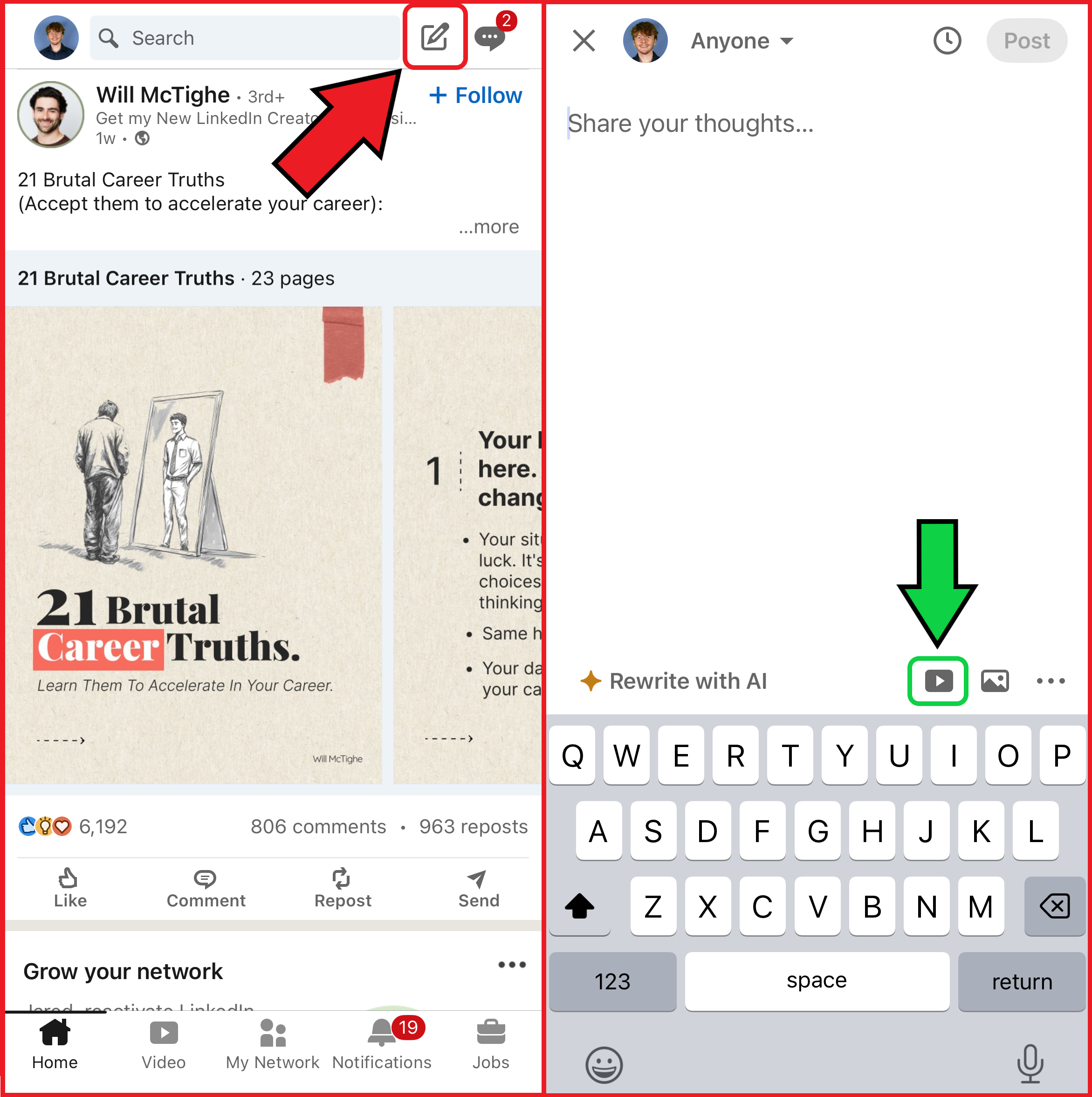 Side-by-side images of the LinkedIn mobile interface showing how to post a video. 