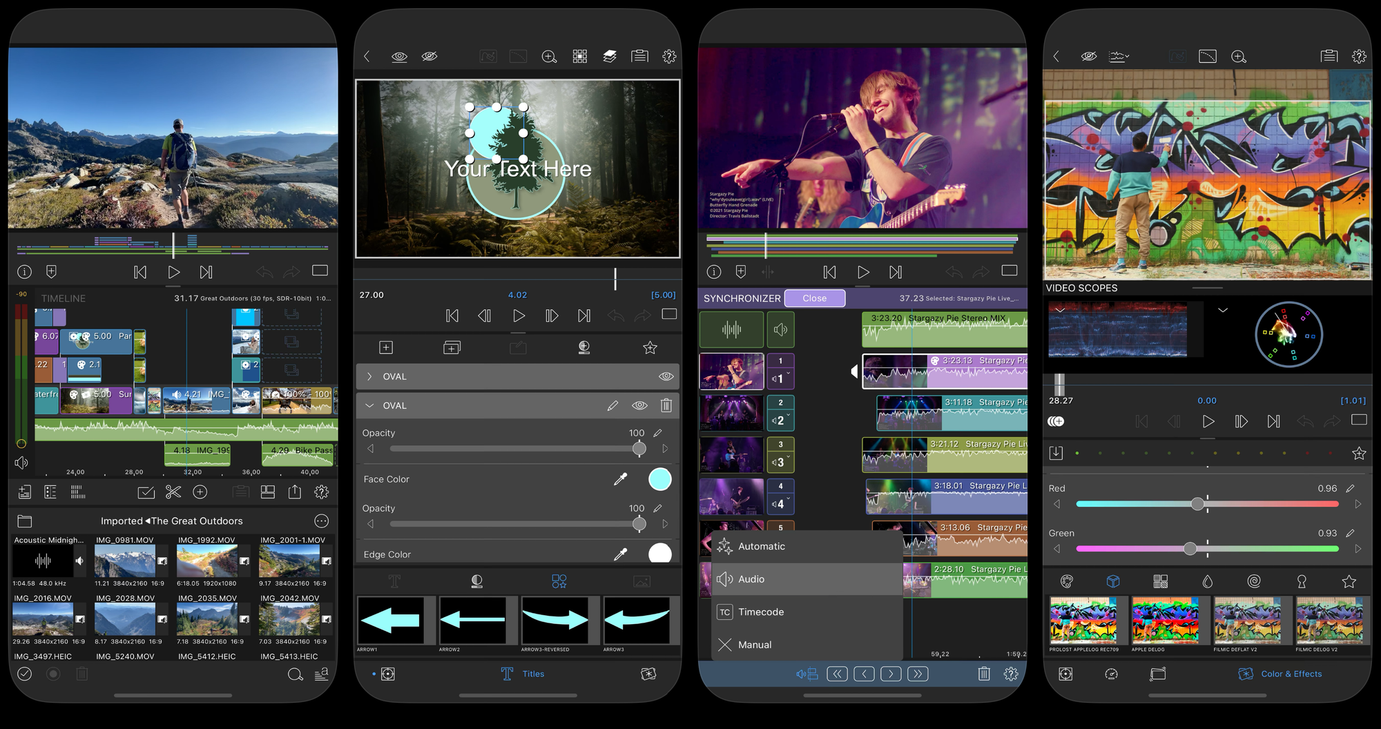 Four side-by-side example images of the LumaFusion video editing mobile app.