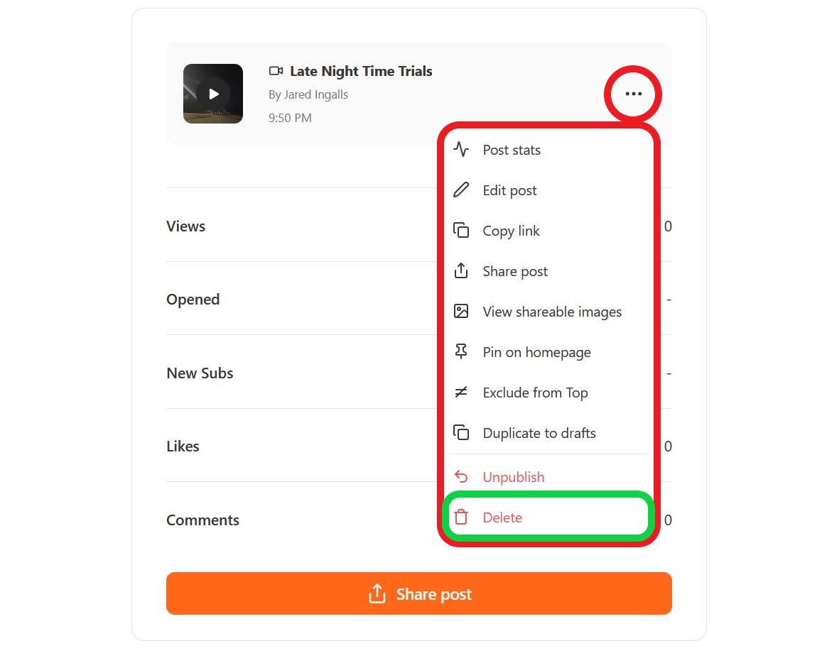 Substack video settings menu. 
