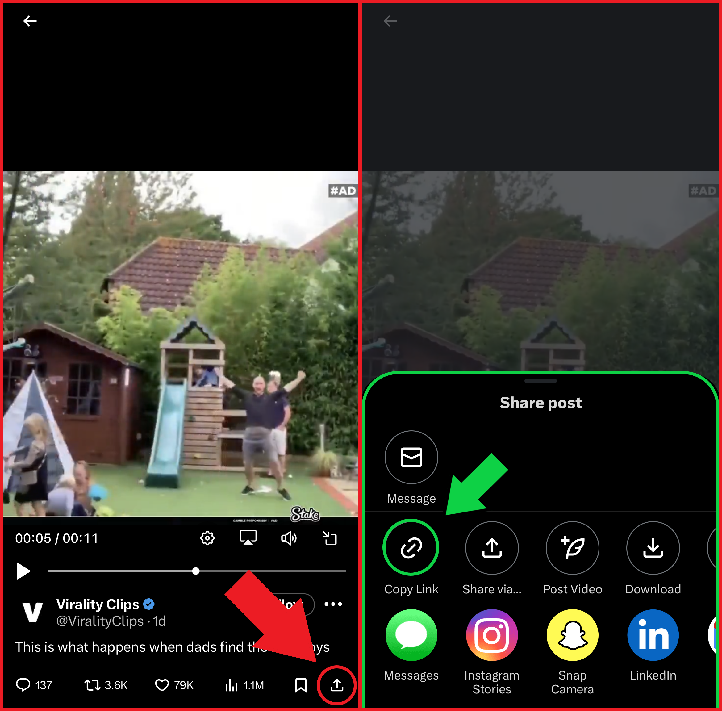 X interface showing how to copy a link.