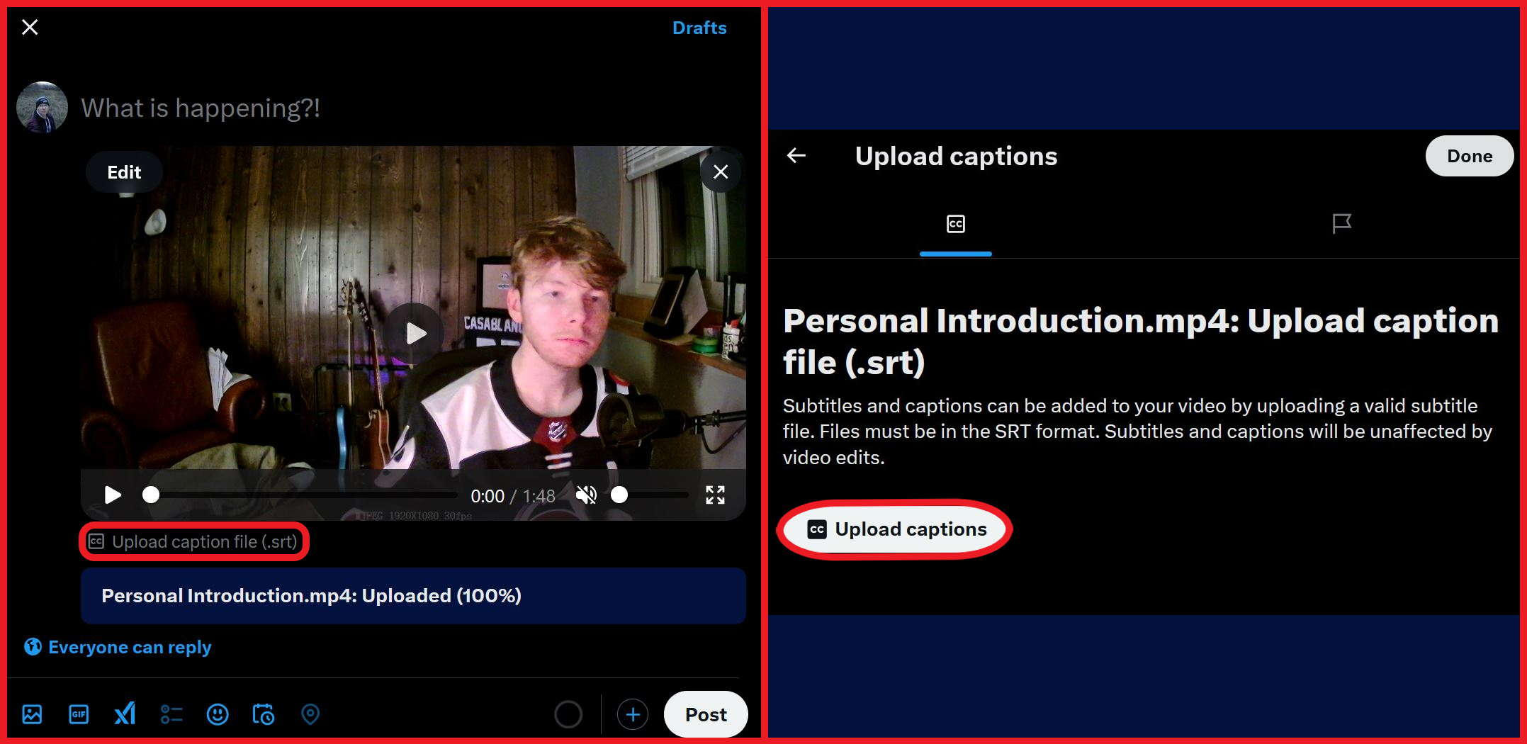 X guide on how to upload an SRT file. 