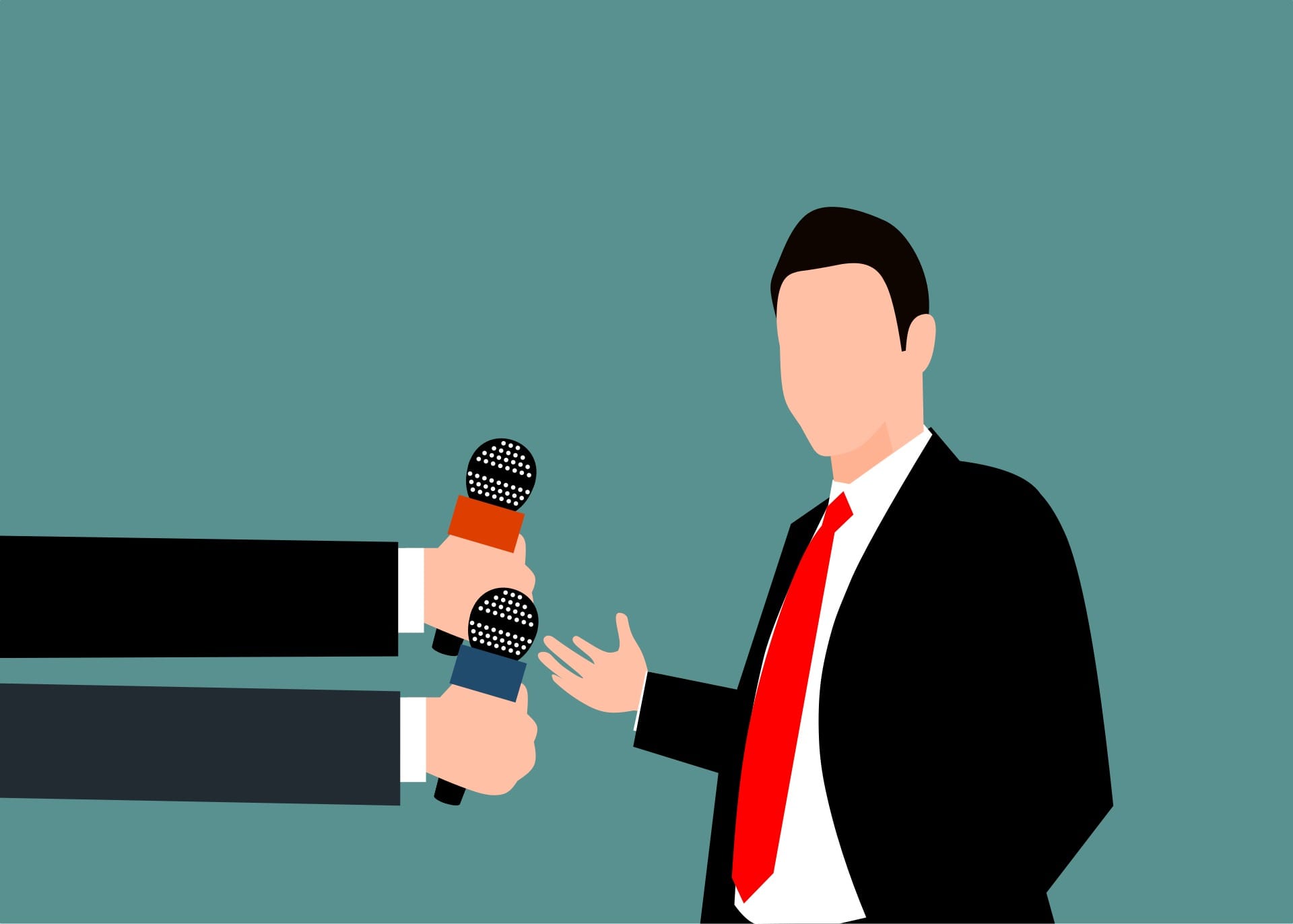 An illustrated image of an interviewee speaking into two microphones