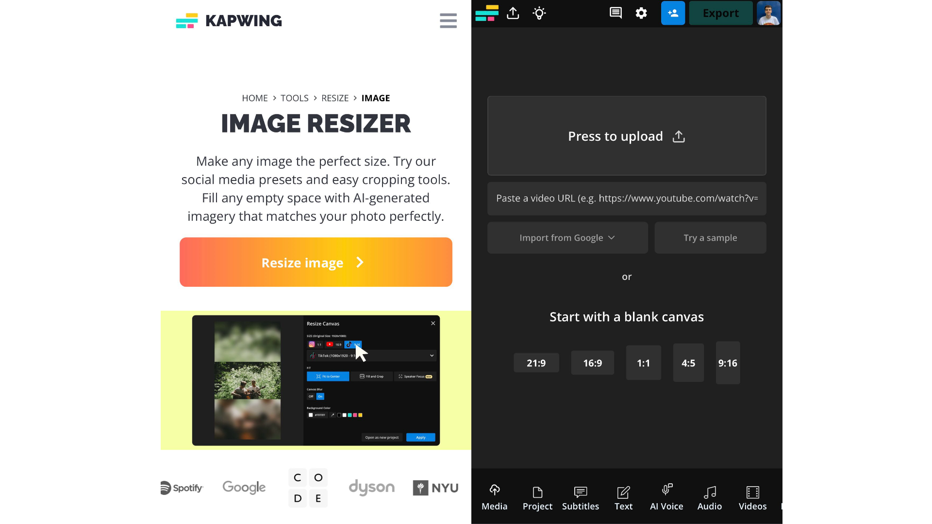 The interface users see when using Kapwing's Image Resizer tool