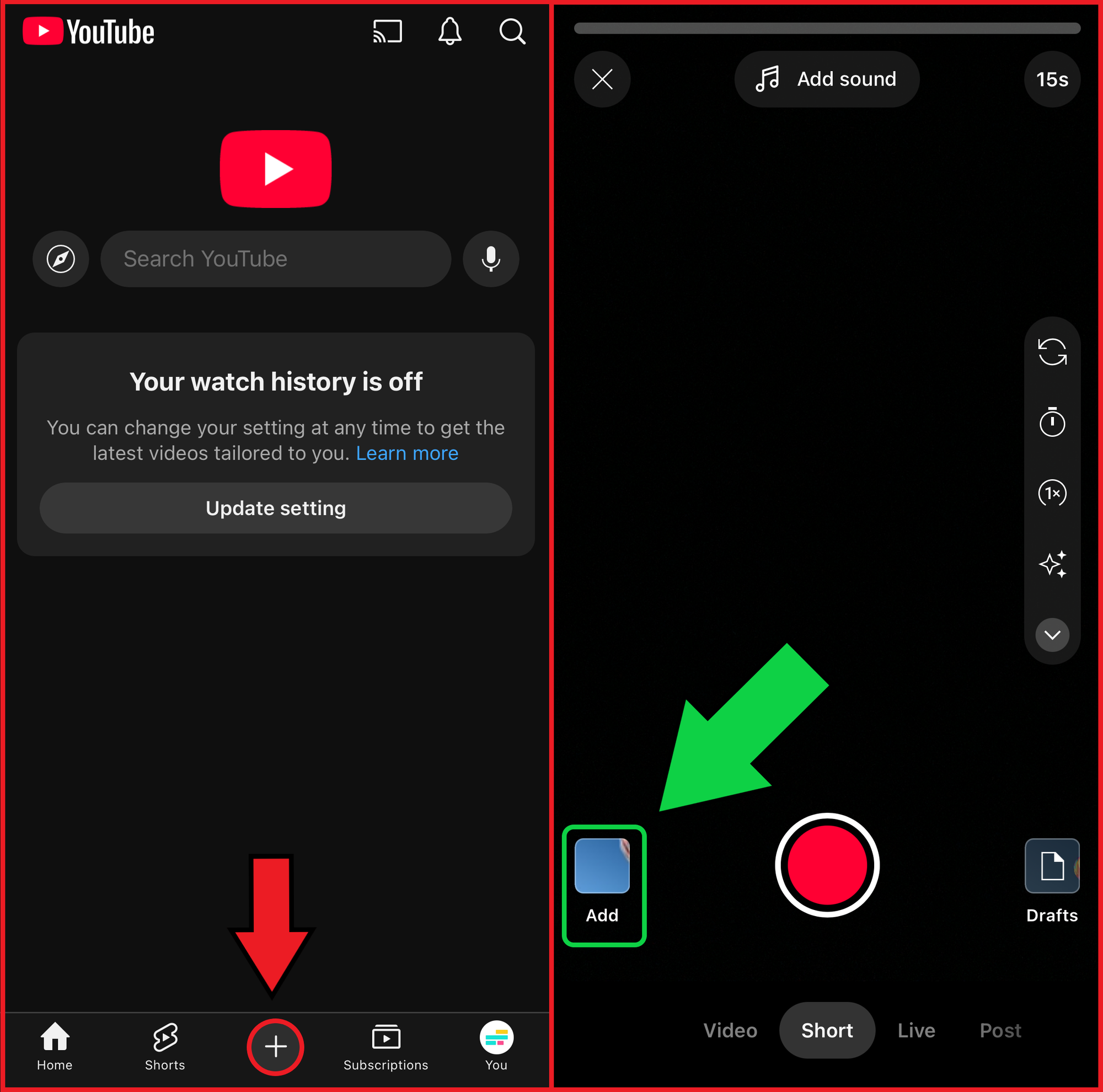 YouTube mobile app showing how to create a new post and upload a video. 