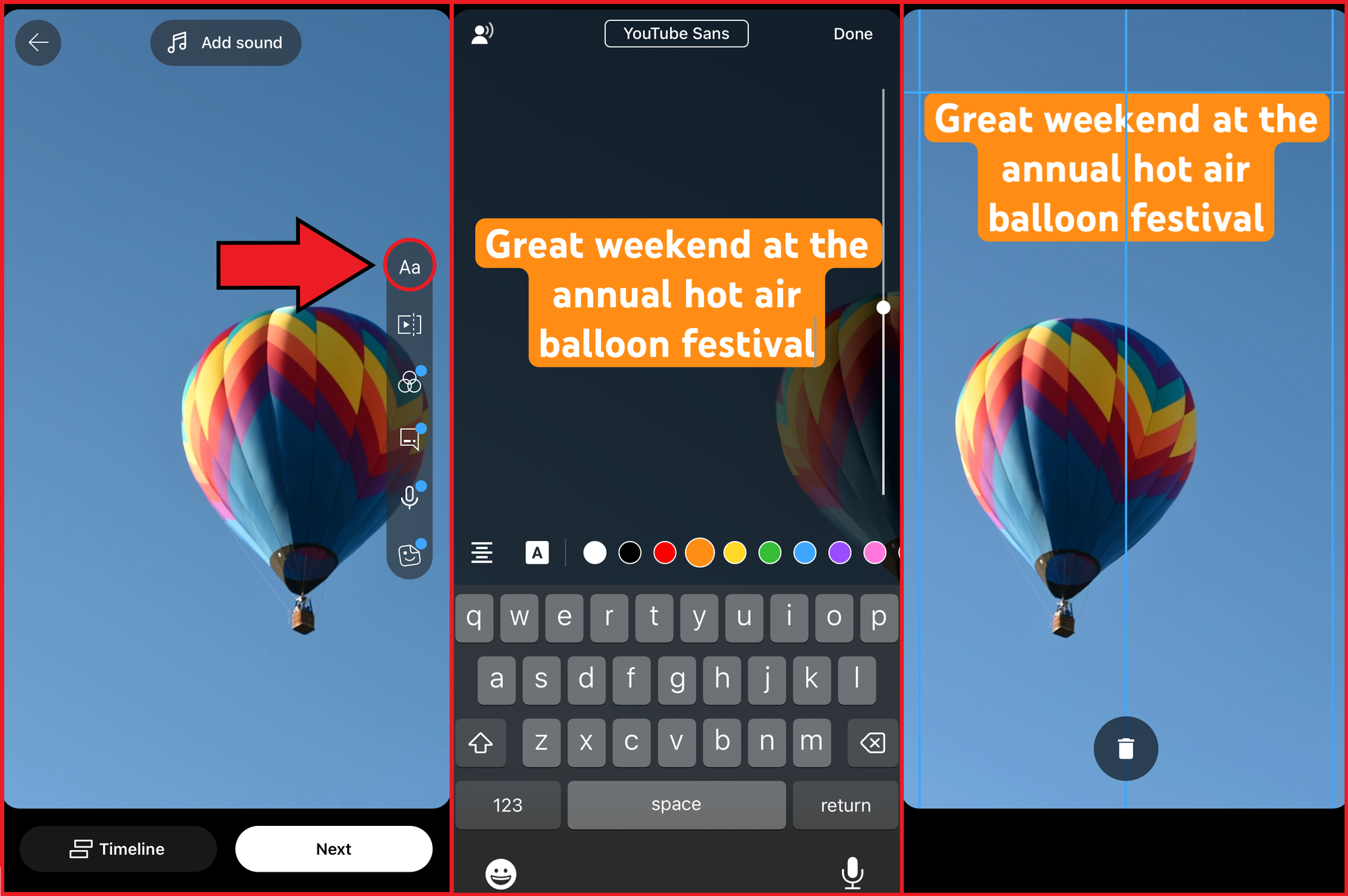 Image guide showing how to add text captions on a YouTube video. 