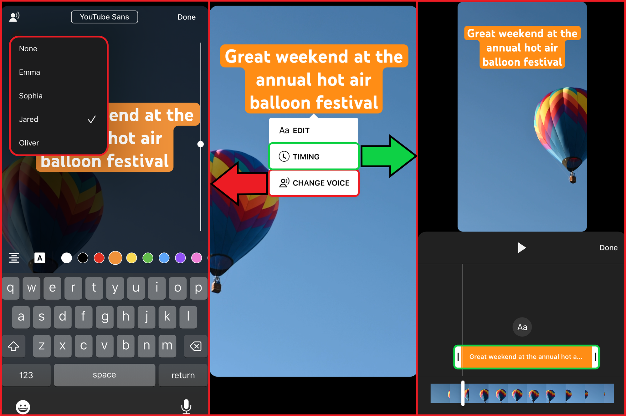 Image guide showing how to add and adjust text-to-speech on YouTube. 