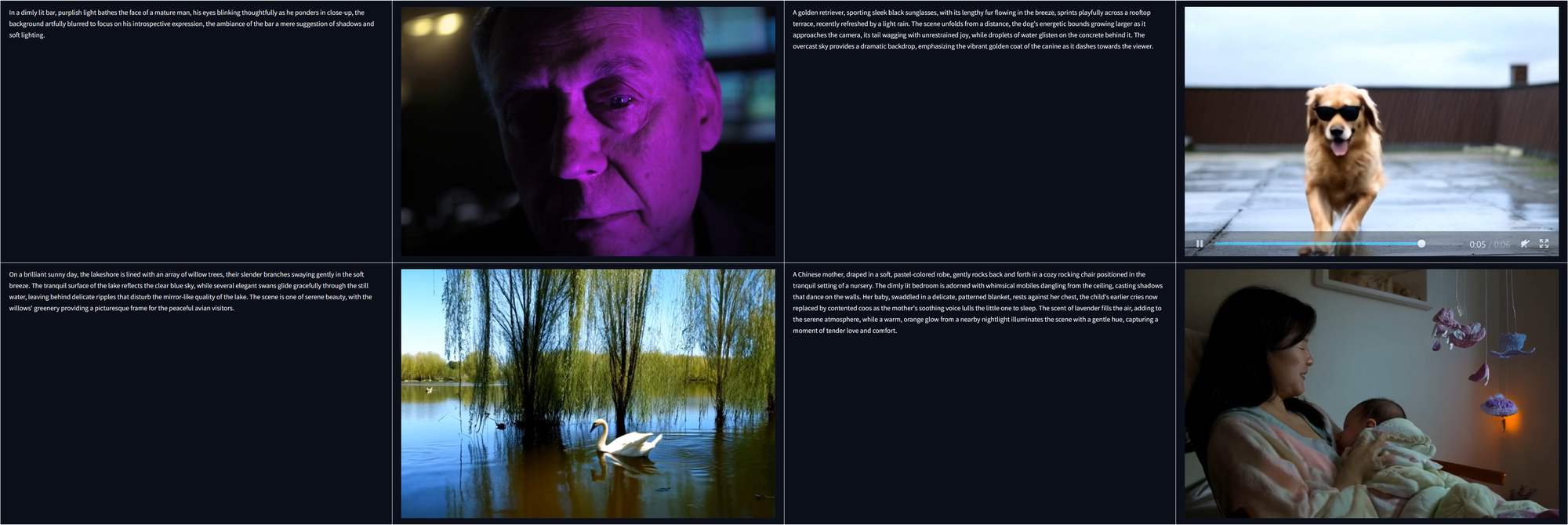 Example videos and prompts from the Goku video generator.