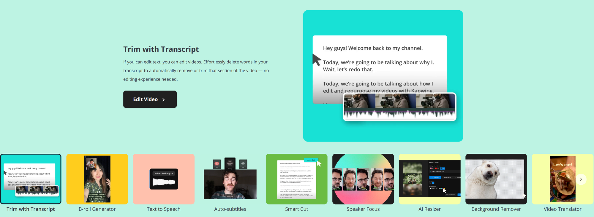 Infographic of AI tools on the Kapwing website. 